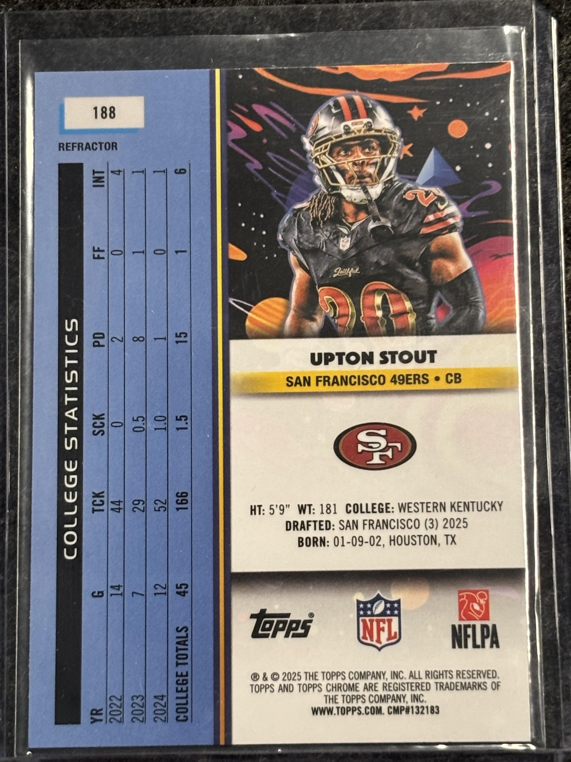 2025 Topps Chrome Cosmic #188 Upton Stout Refractor San Francisco 49ers Rookie