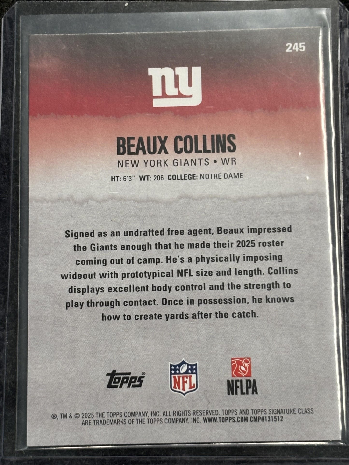 2025 Topps Signature Class #245 Beaux Collins New York Giants Rookie
