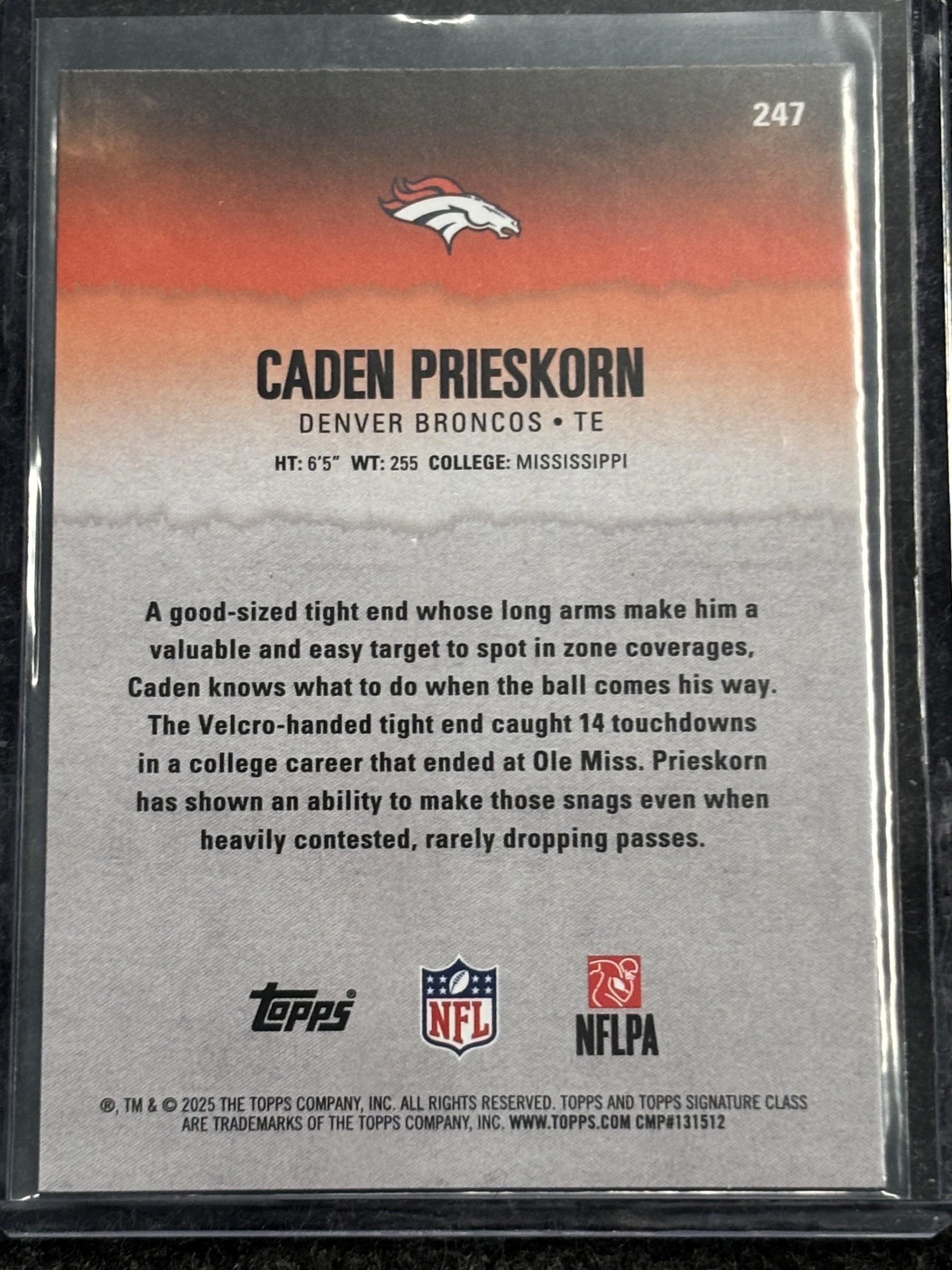 2025 Topps Signature Class #247 Caden Prieskorn Blue & Yellow Denver Broncos Rookie