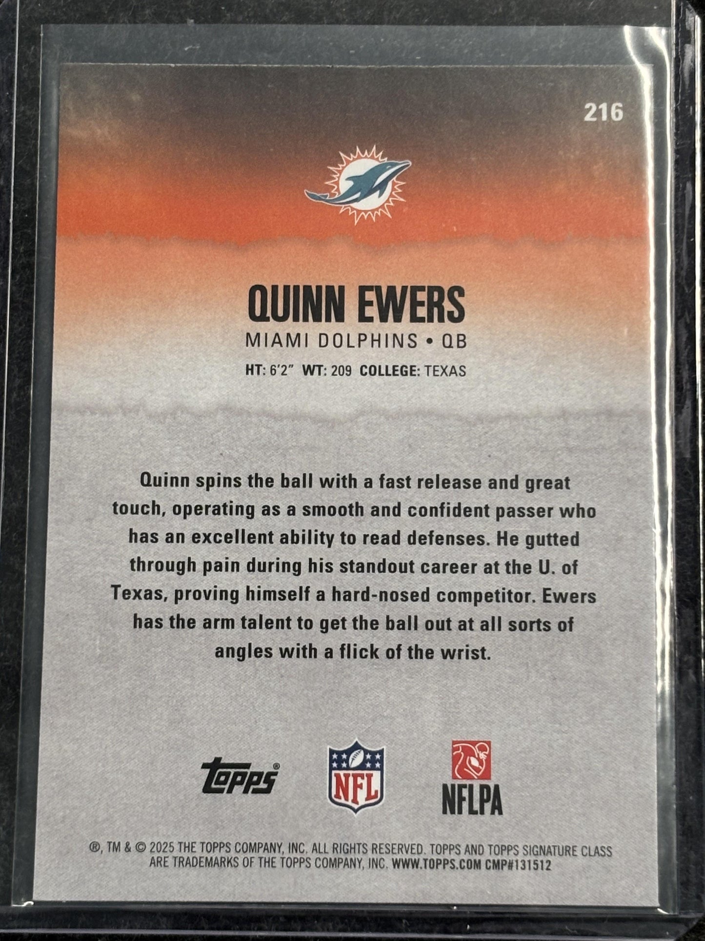 2025 Topps Signature Class #216 Quinn Ewers Miami Dolphins Rookie