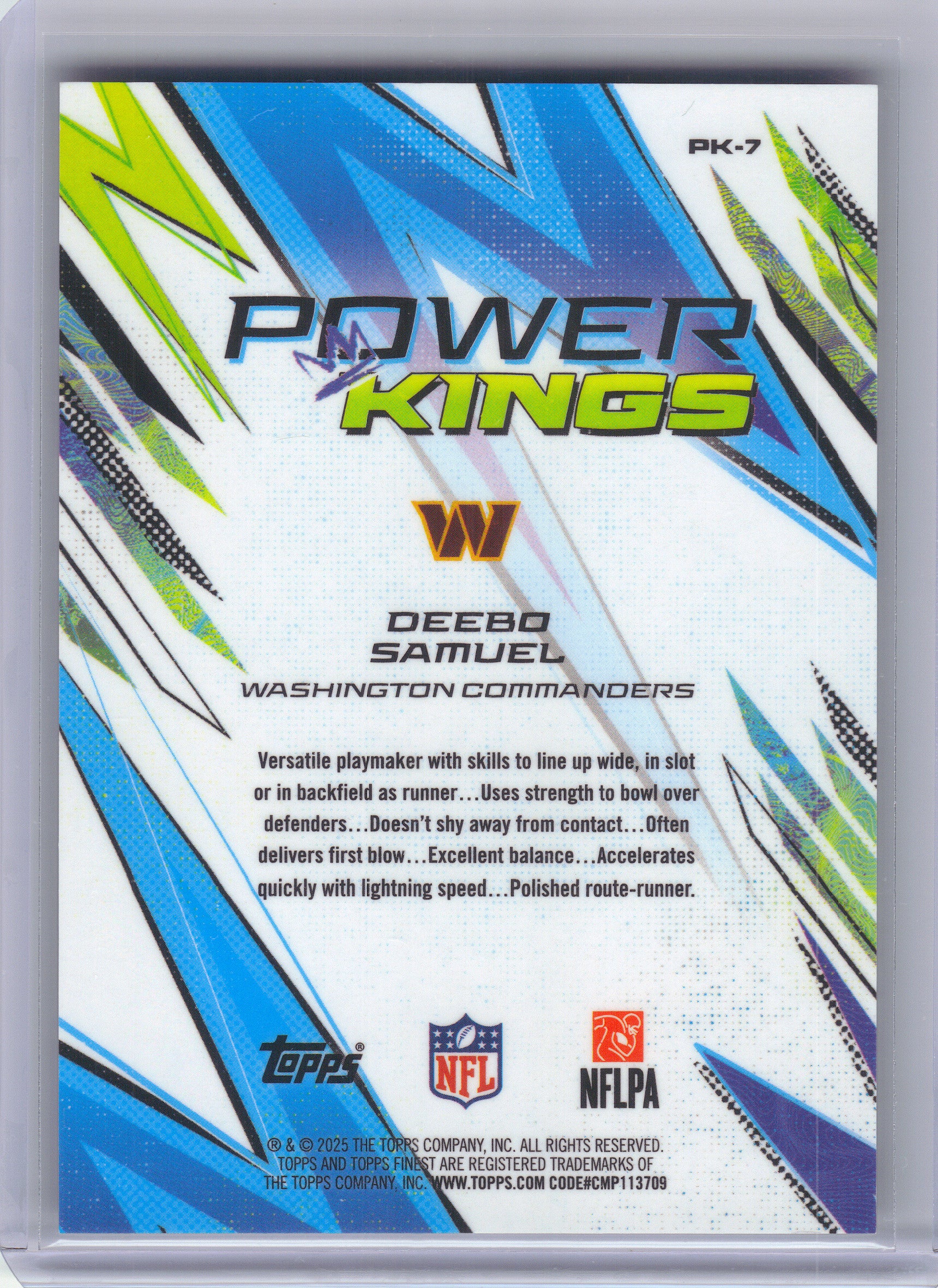 2025 Finest #PK-7 Deebo Samuel Power Kings Black Refractor #/10 Washington Commanders SN