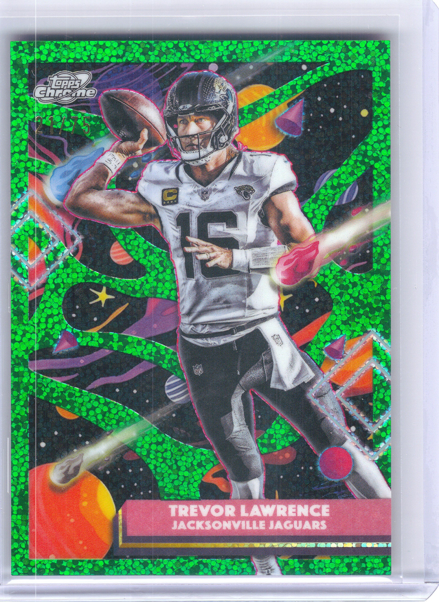 2025 Topps Chrome Cosmic #44 Trevor Lawrence Green Space Dust Refractor #/75 Jacksonville Jaguars SN