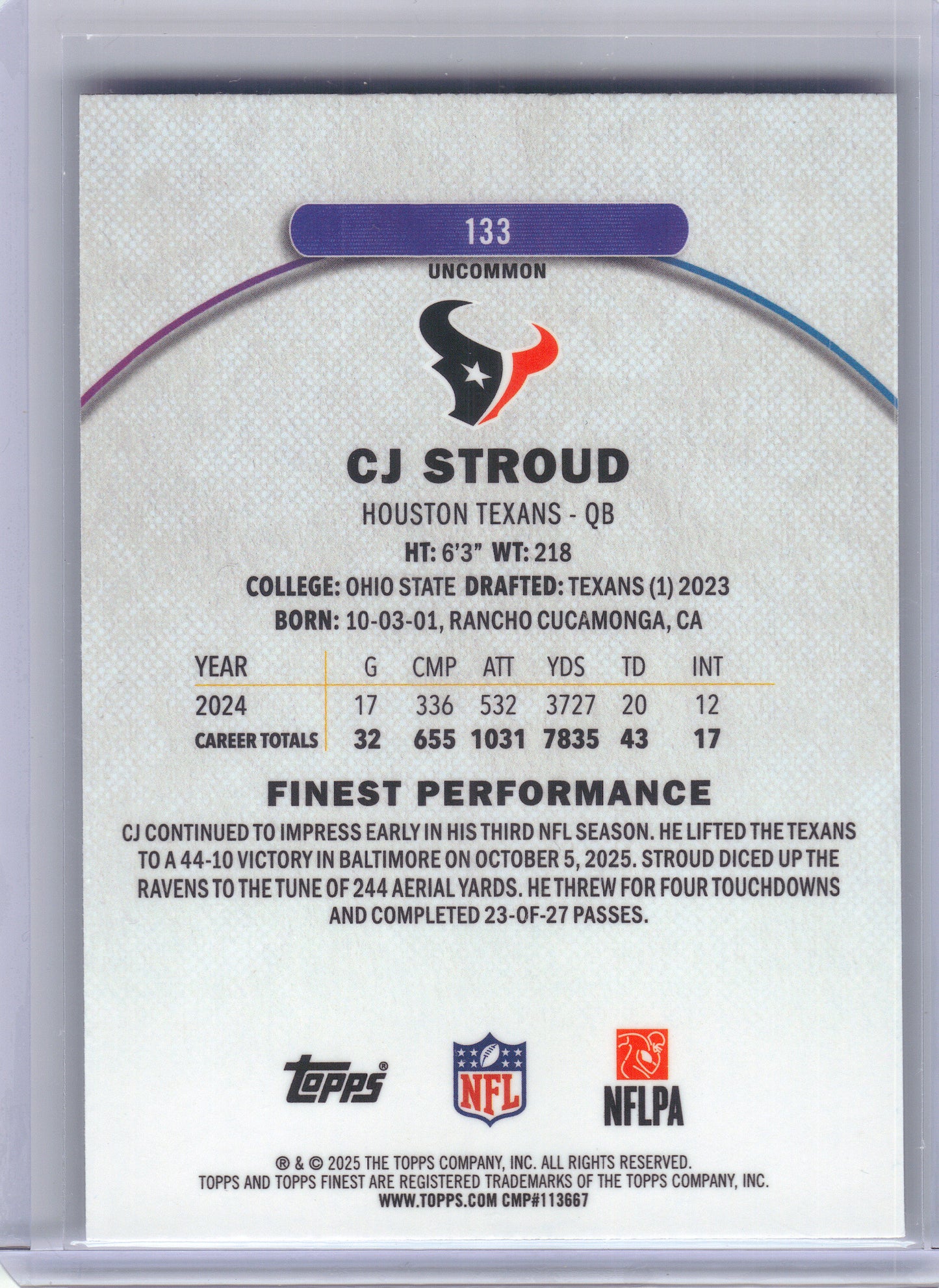 2025 Finest #133 CJ Stroud Blue Geometric Refractor #/75 Houston Texans SN