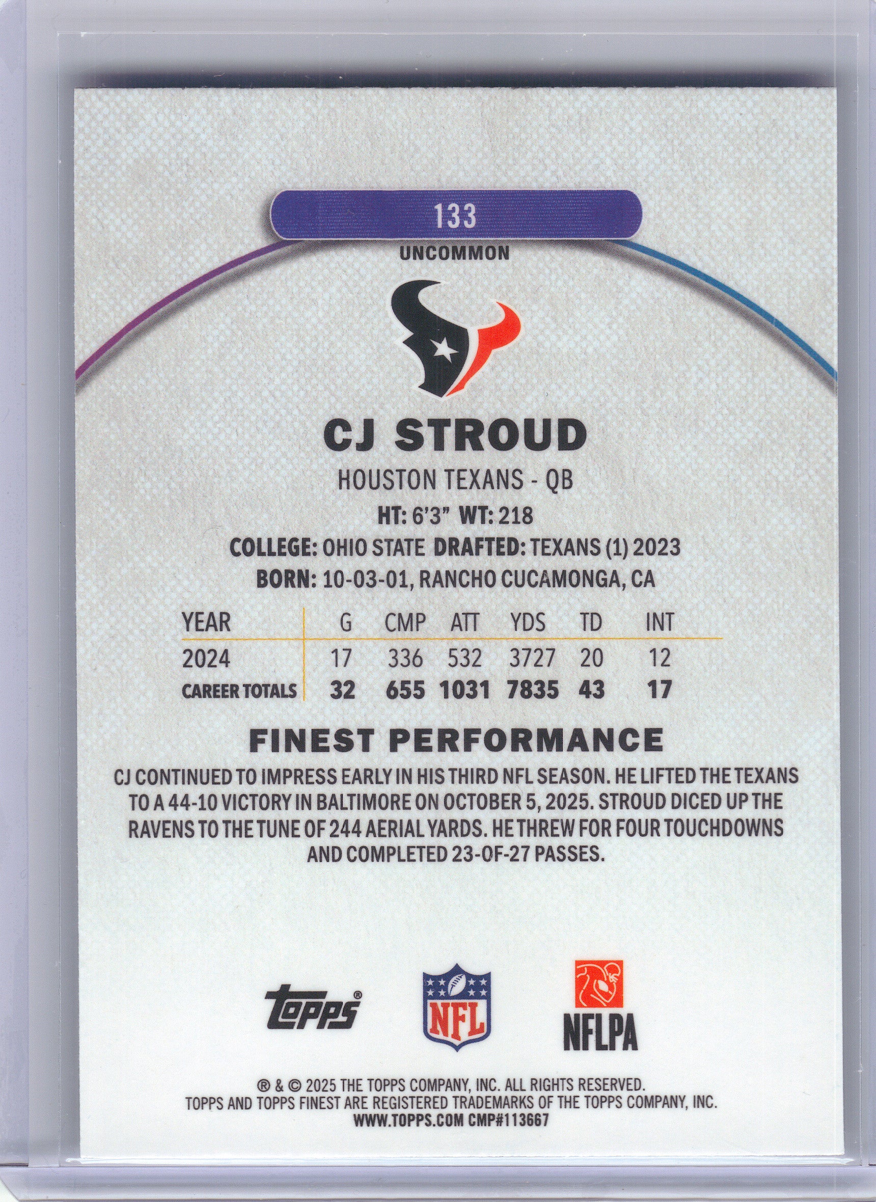 2025 Finest #133 CJ Stroud Blue Geometric Refractor #/75 Houston Texans SN