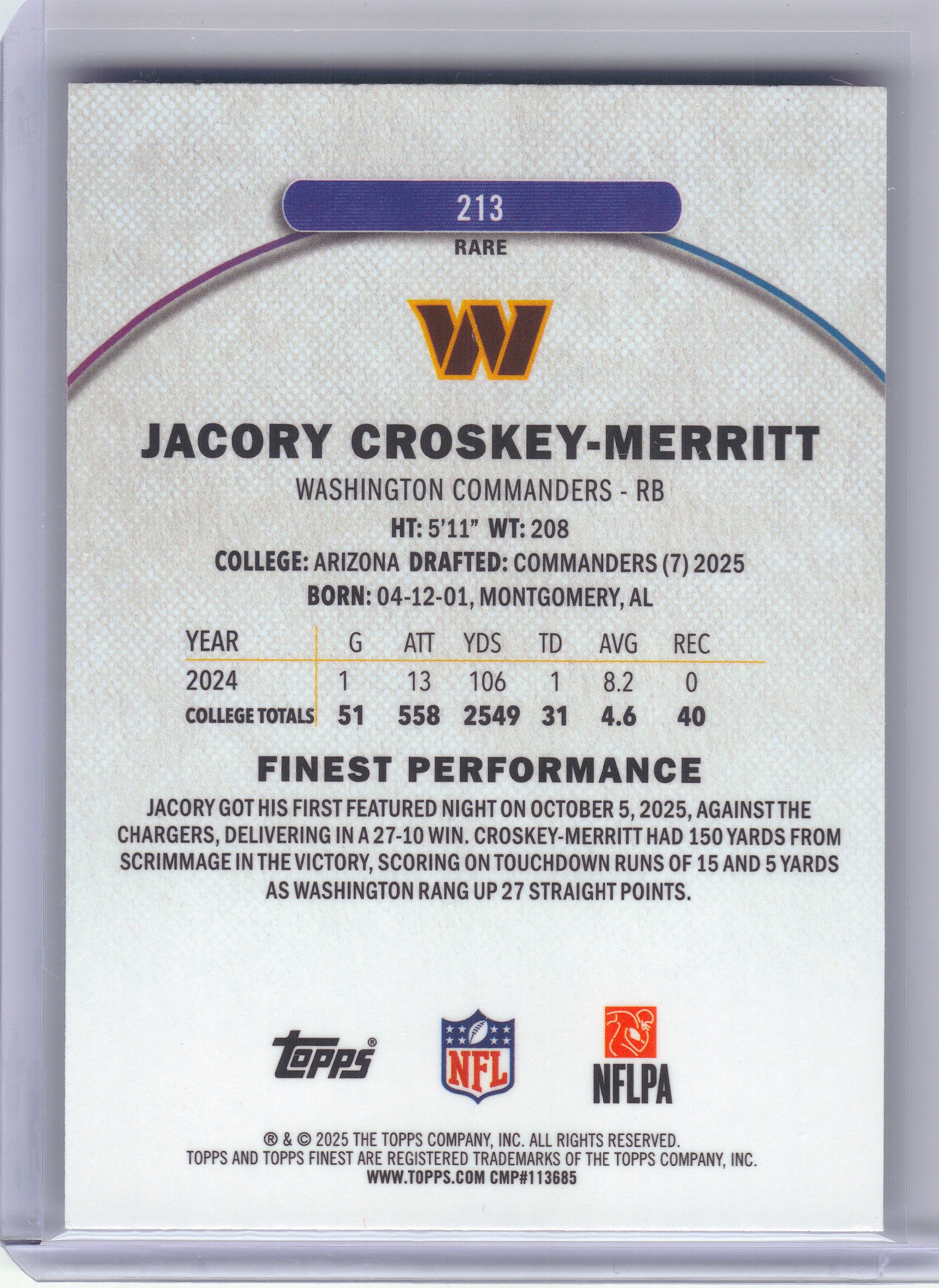 2025 Finest #213 Jacory Croskey-Merritt Purple Refractor #/125 Washington Commanders SN, Rookie