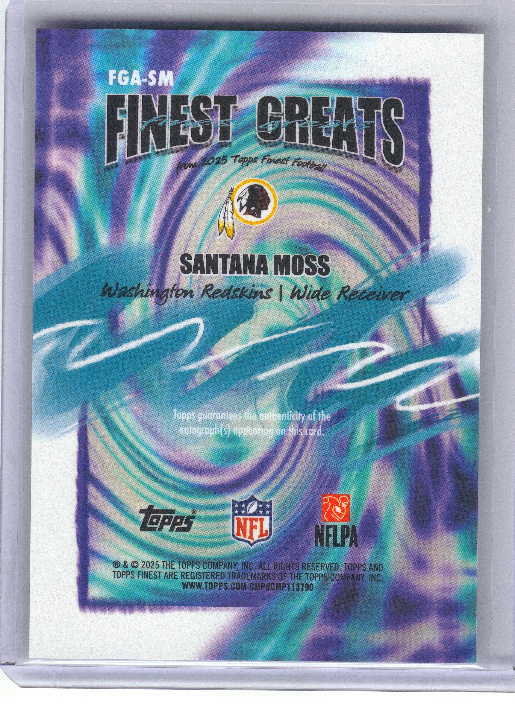 2025 Finest #FGA-SM Santana Moss Finest Greats Autographs Washington Redskins Auto