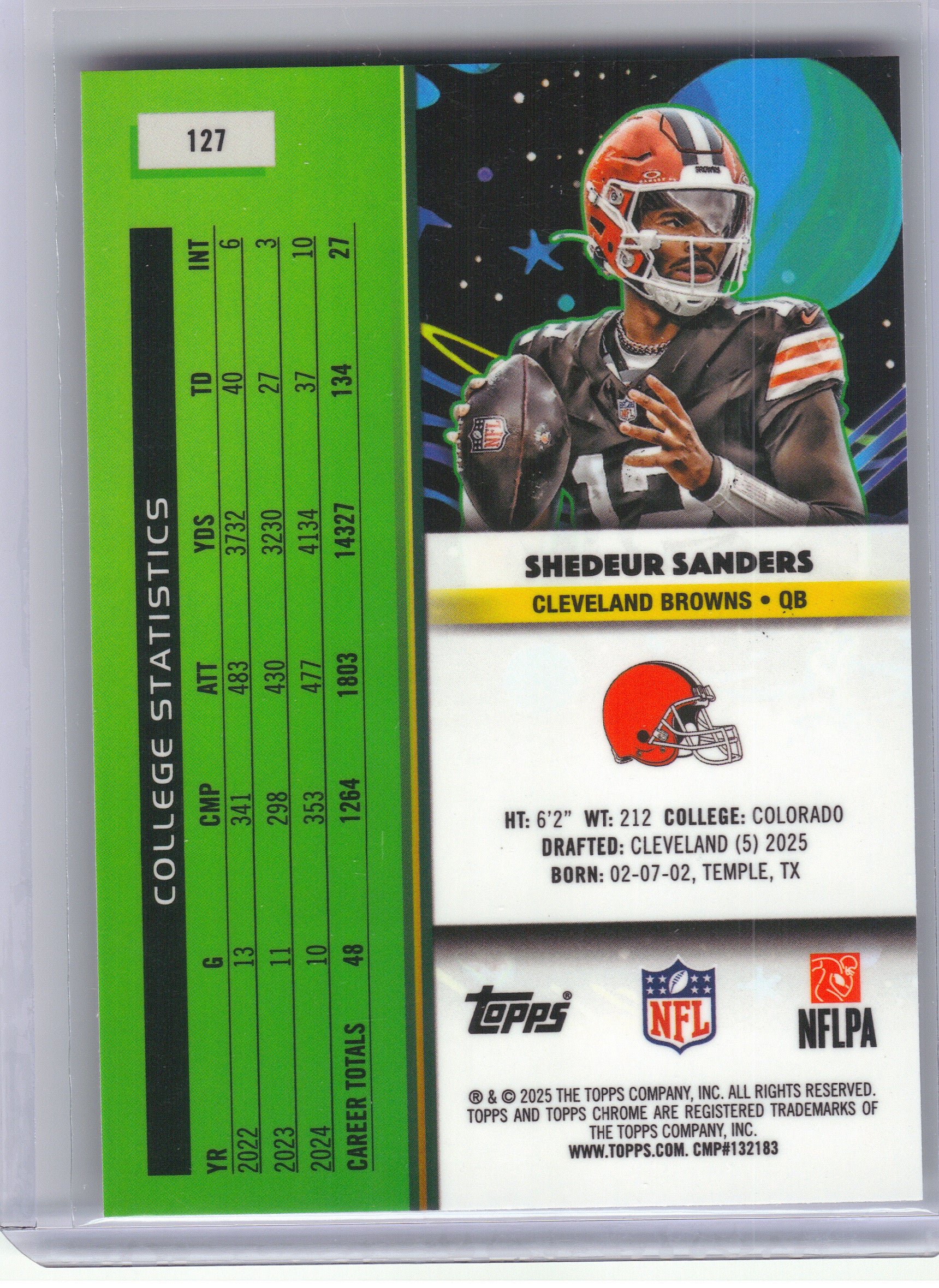 2025 Topps Chrome Cosmic #127 Shedeur Sanders Cleveland Browns Rookie