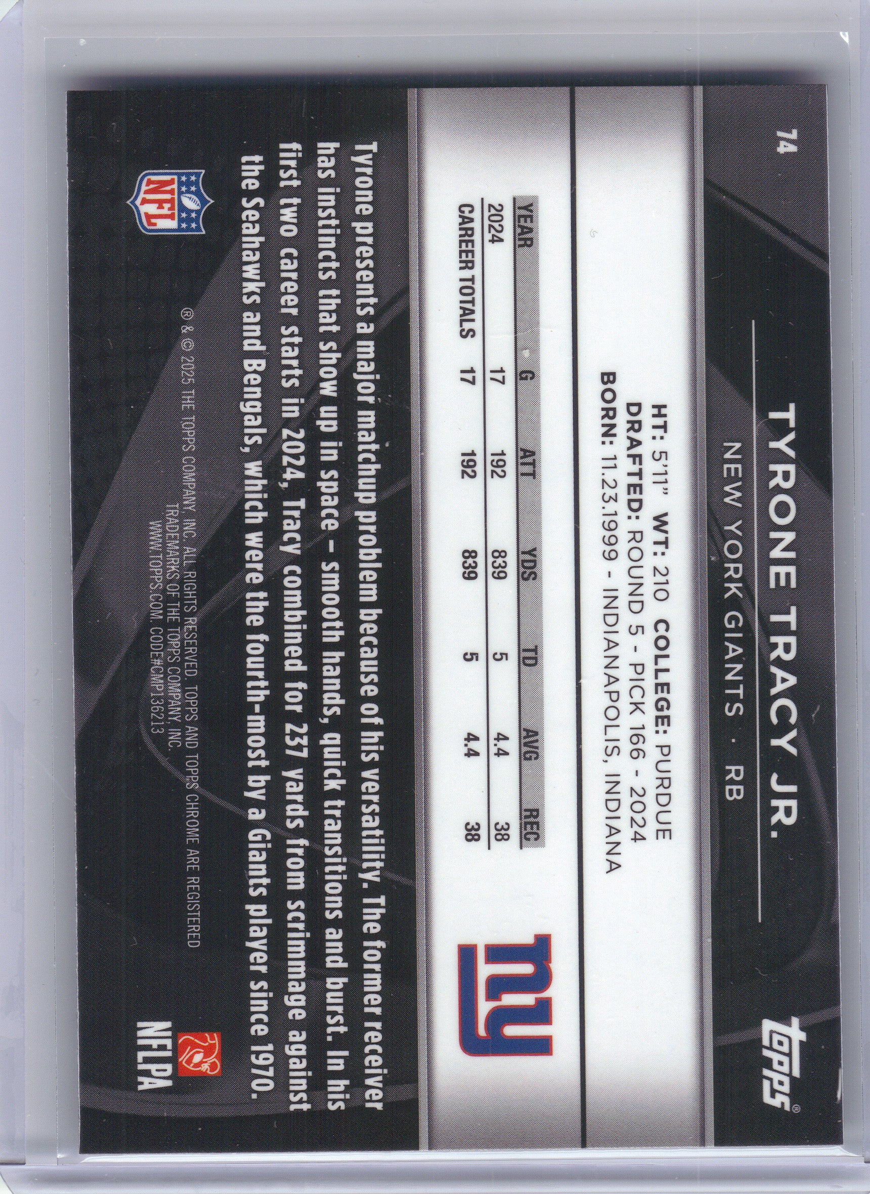 2025 Topps Chrome Black #74 Tyrone Tracy Jr. New York Giants