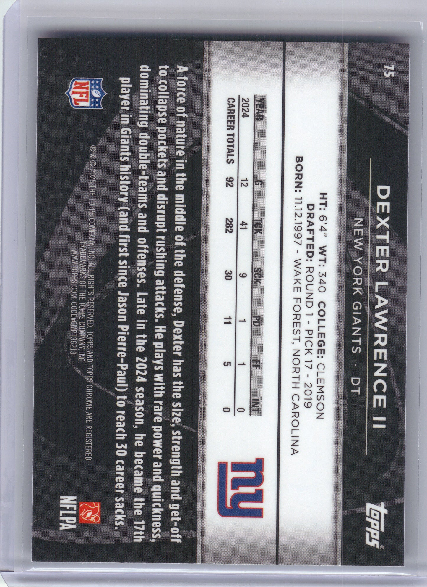 2025 Topps Chrome Black #75 Dexter Lawrence II New York Giants