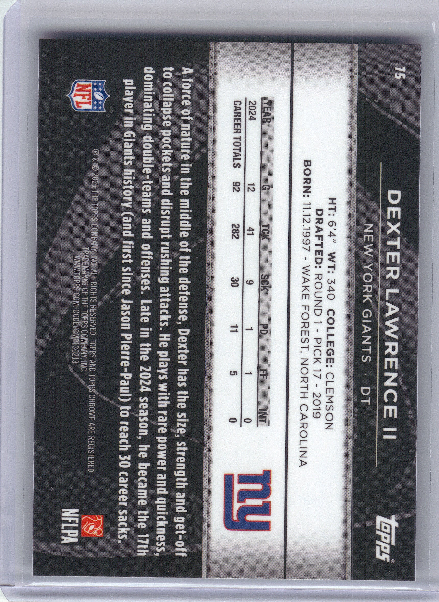 2025 Topps Chrome Black #75 Dexter Lawrence II New York Giants