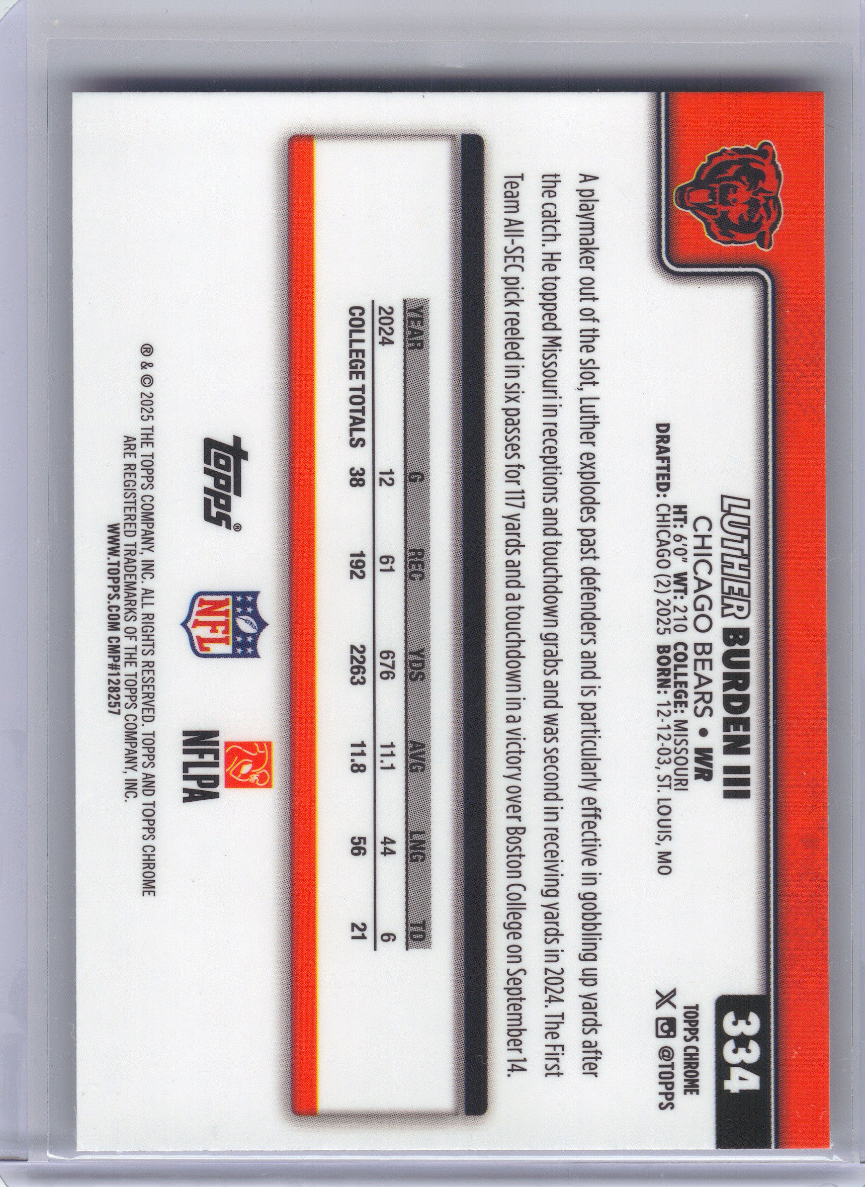 2025 Topps Chrome #334 Luther Burden III X-Fractor Chicago Bears Rookie