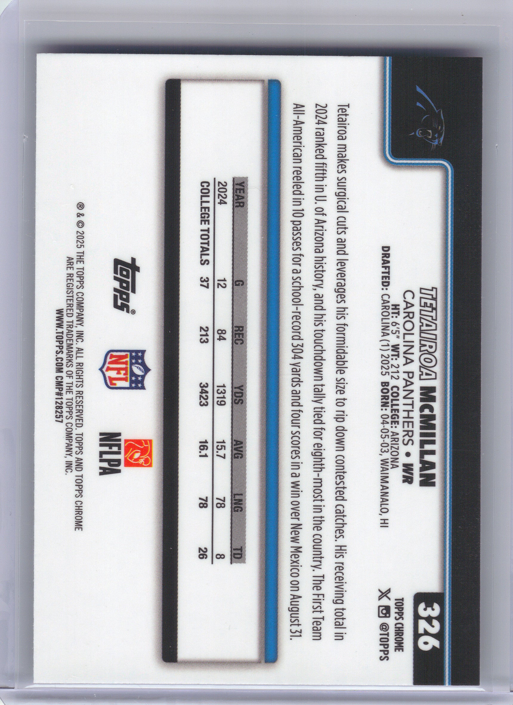 2025 Topps Chrome #326 Tetairoa McMillan X-Fractor Carolina Panthers Rookie