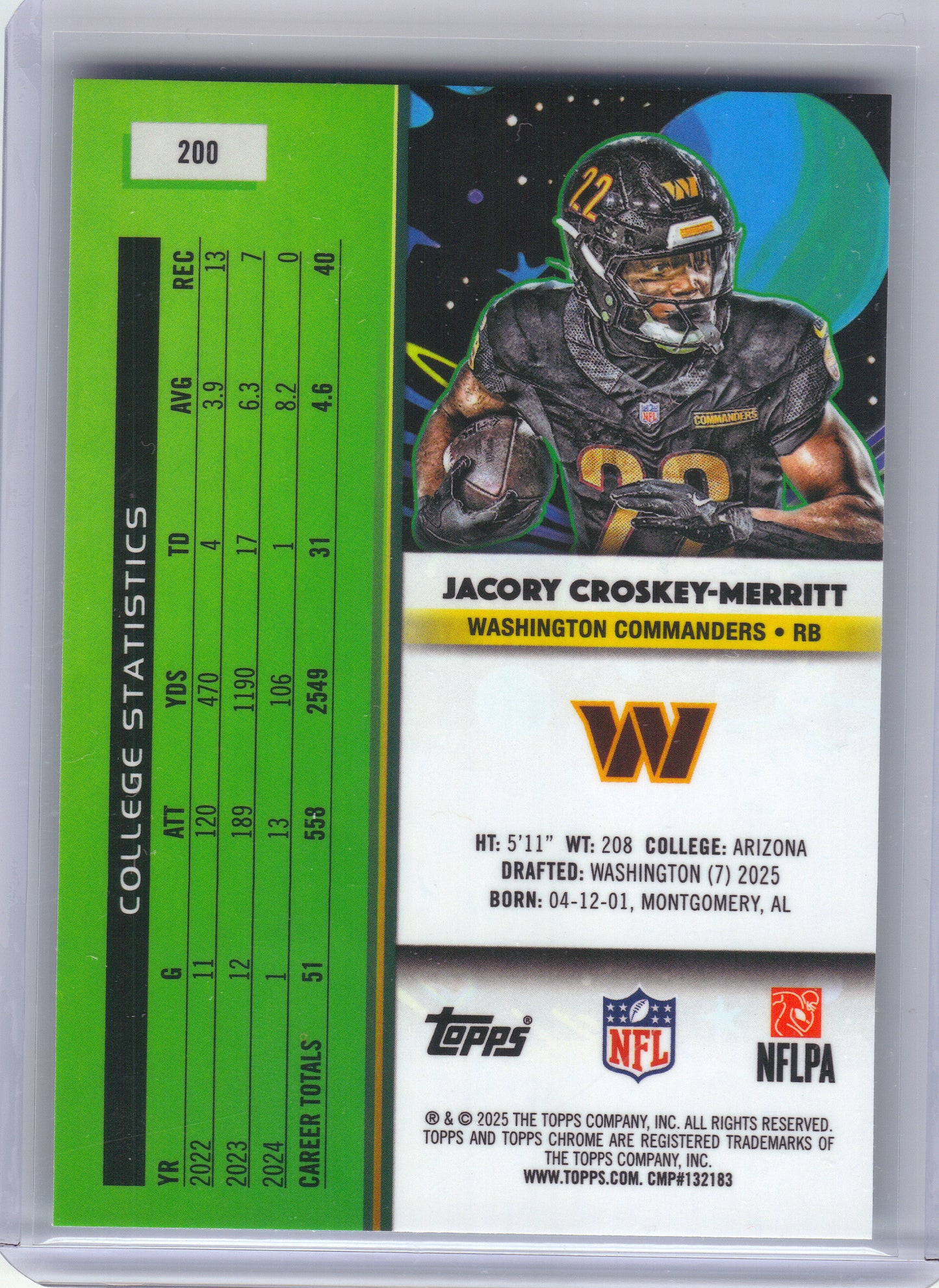 2025 Topps Chrome Cosmic #200 Jacory Croskey-Merritt Aqua Equinox Refractor #/199 Washington Commanders SN, Rookie