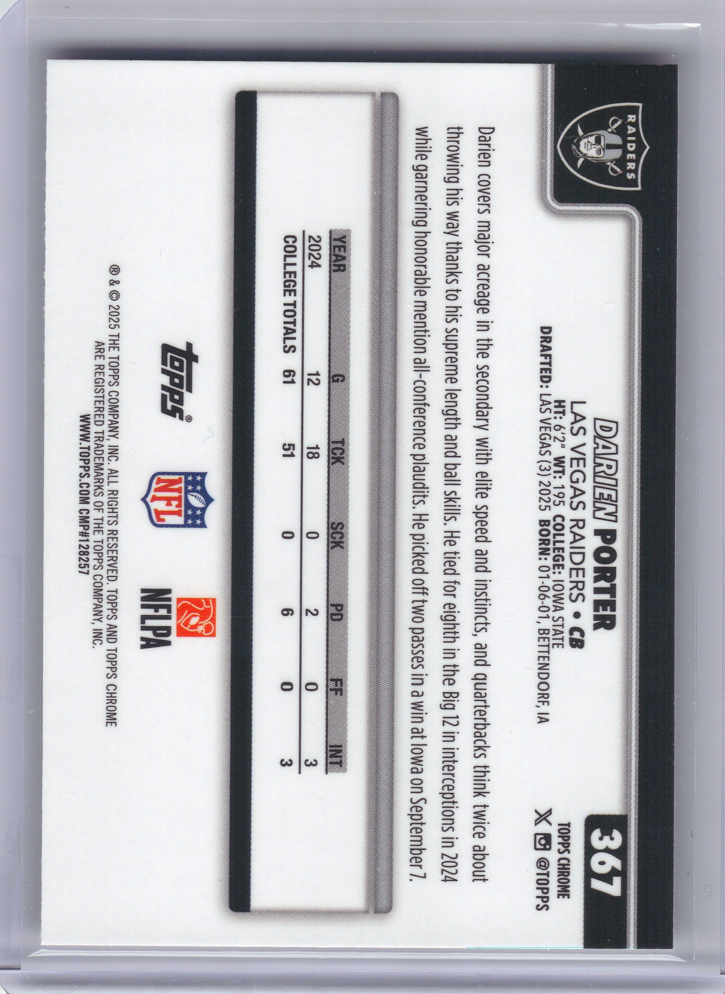 2025 Topps Chrome #367 Darien Porter Football Leather Refractor Las Vegas Raiders Rookie