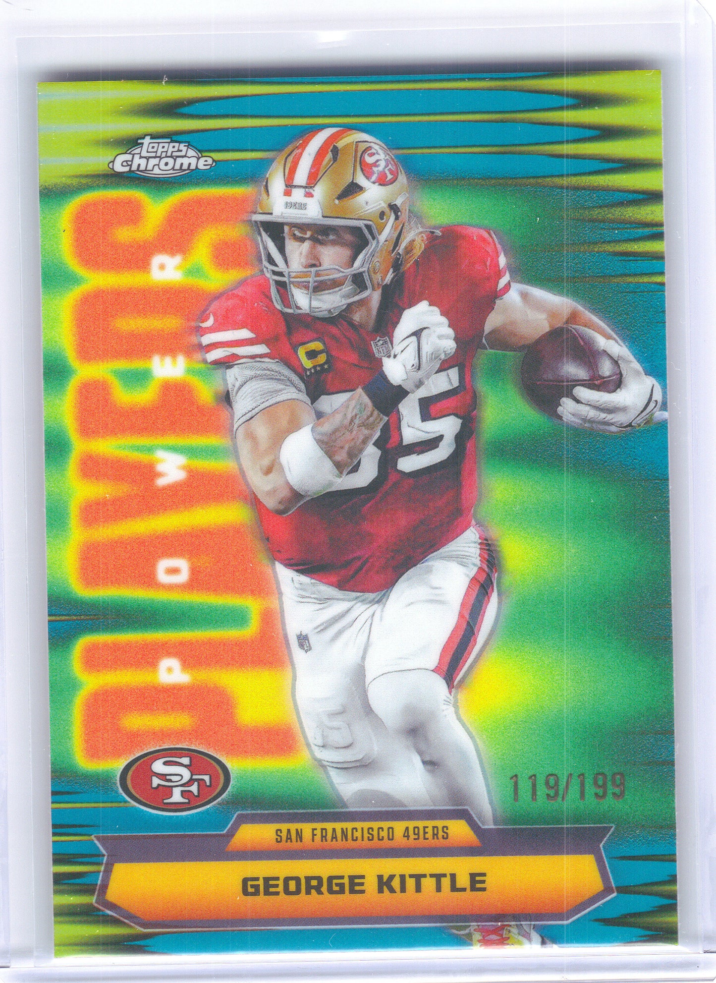 2025 Topps Chrome #PP-33 George Kittle Power Players Aqua Refractor #/199 San Francisco 49ers SN