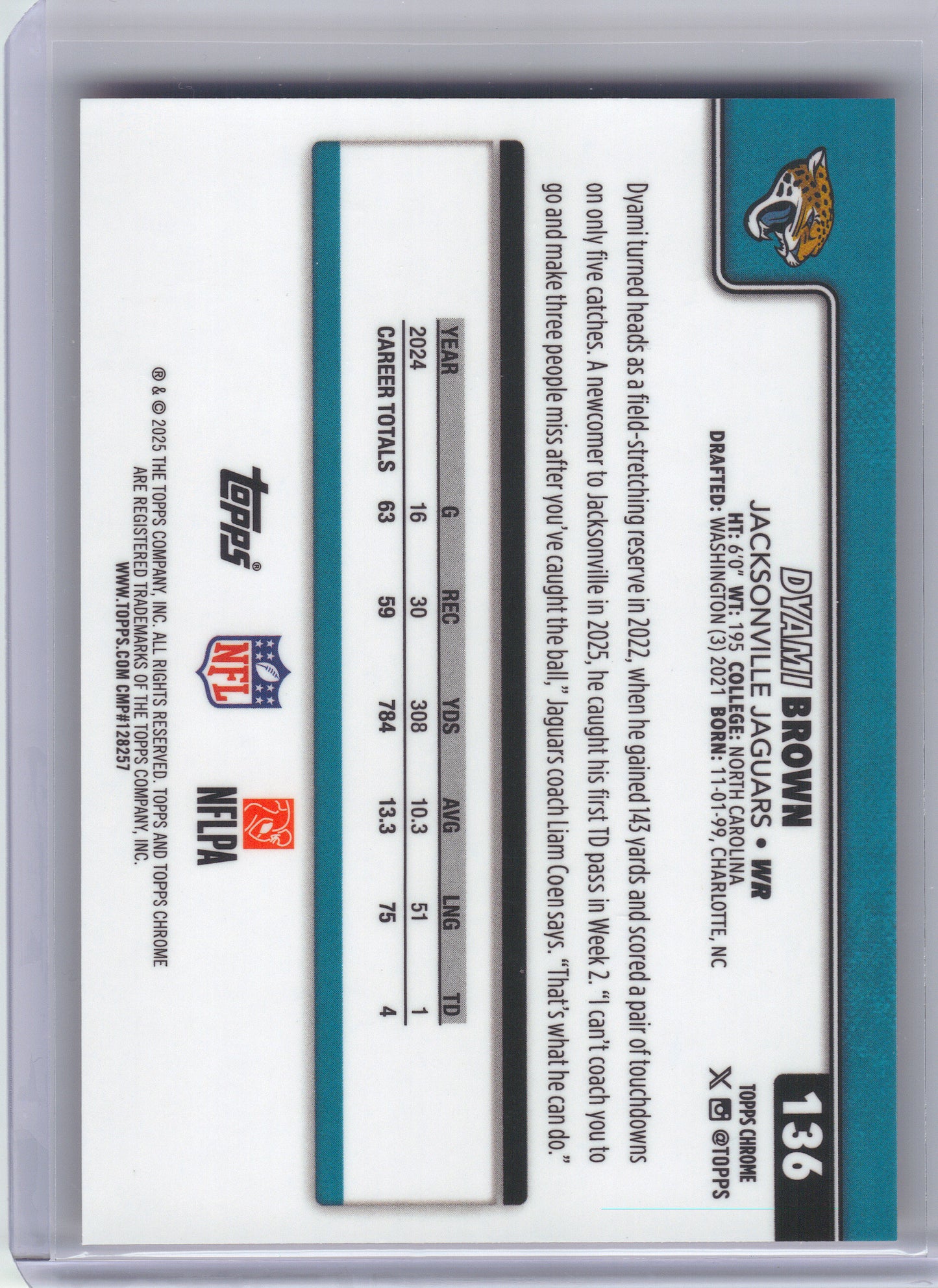 2025 Topps Chrome #136 Dyami Brown Orange Wave Refractor #/25 Jacksonville Jaguars SN