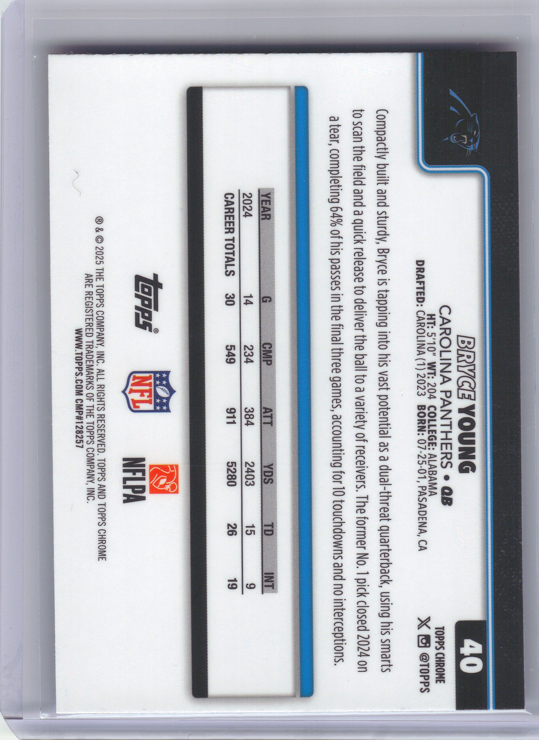 2025 Topps Chrome #40 Bryce Young Red White and Blue Refractor Carolina Panthers