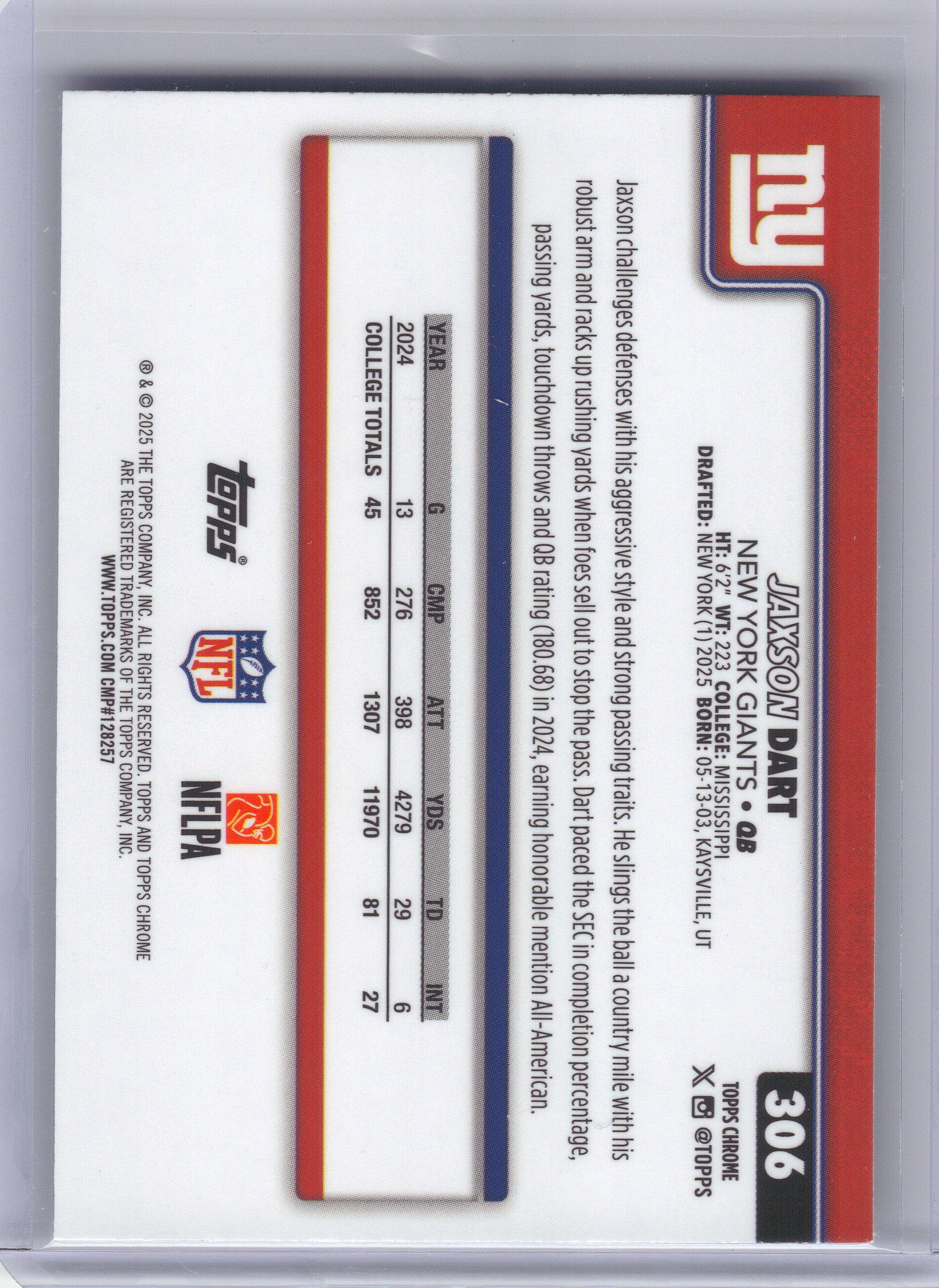 2025 Topps Chrome #306 Jaxson Dart New York Giants Rookie