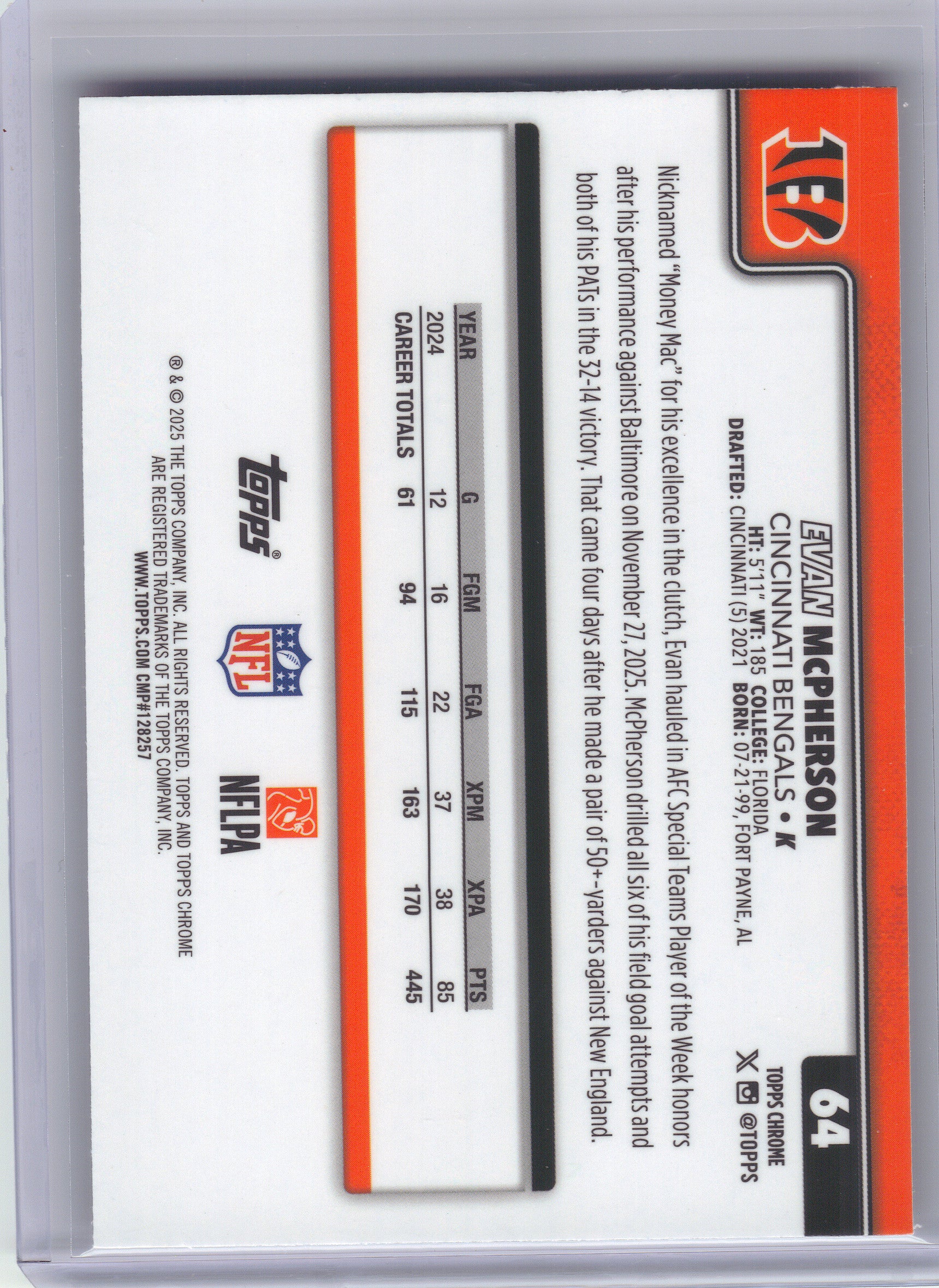 2025 Topps Chrome #64 Evan McPherson Pink Wave Refractor #/250 Cincinnati Bengals SN
