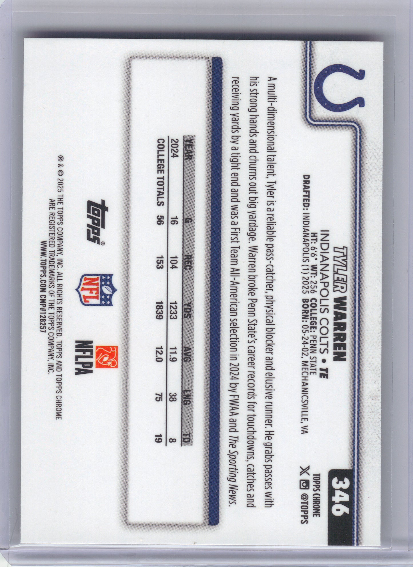 2025 Topps Chrome #346 Tyler Warren Football Leather Refractor Indianapolis Colts Rookie