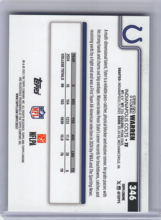 2025 Topps Chrome #346 Tyler Warren Football Leather Refractor Indianapolis Colts Rookie