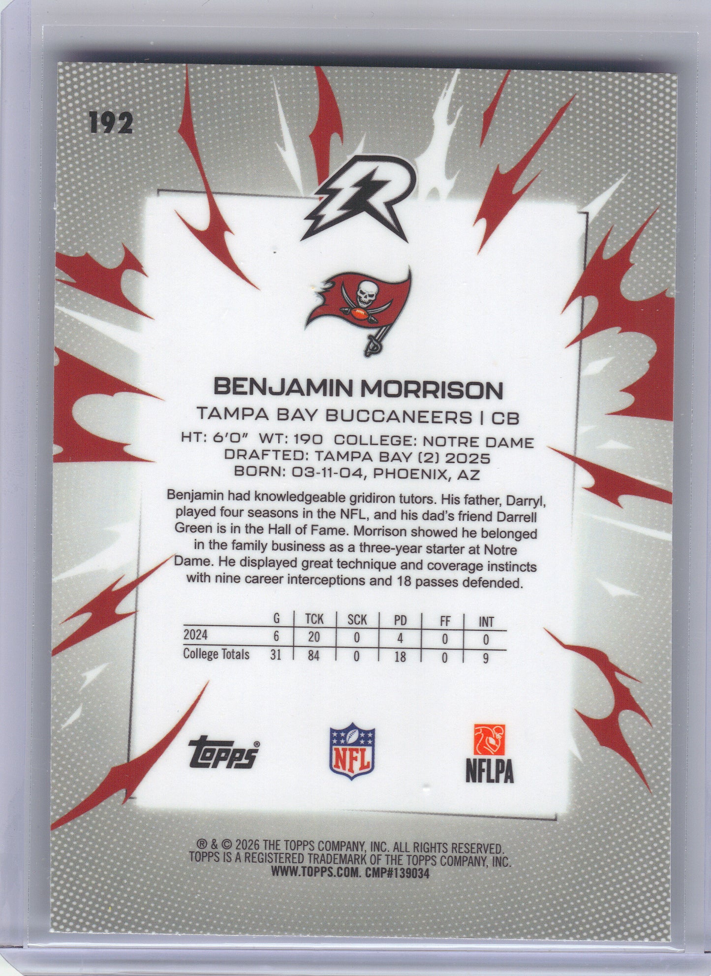 2025 Topps Resurgence #192 Benjamin Morrison Blue Surge Refractor #/99 Tampa Bay Buccaneers SN