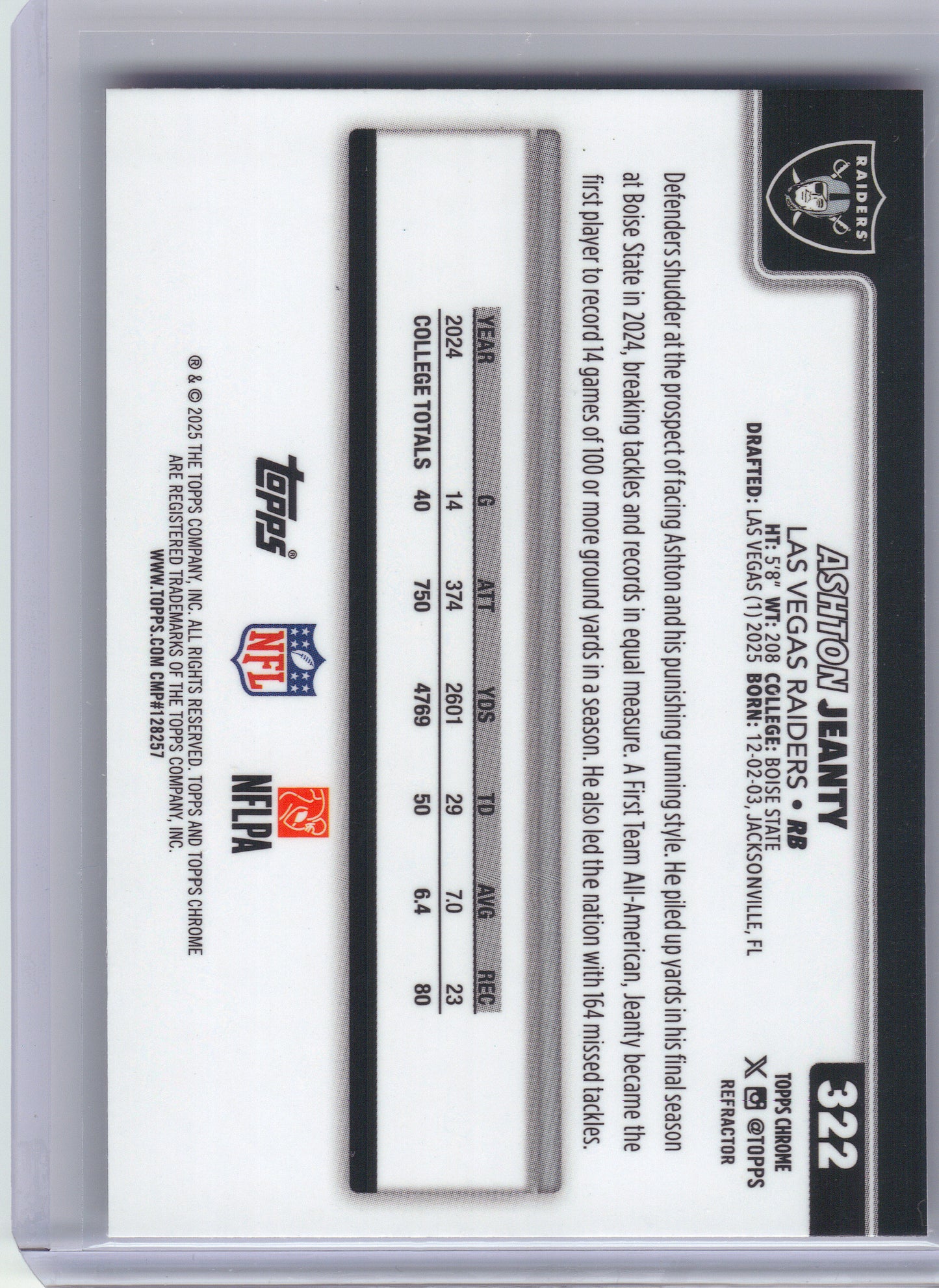 2025 Topps Chrome #322 Ashton Jeanty Refractor Las Vegas Raiders Rookie