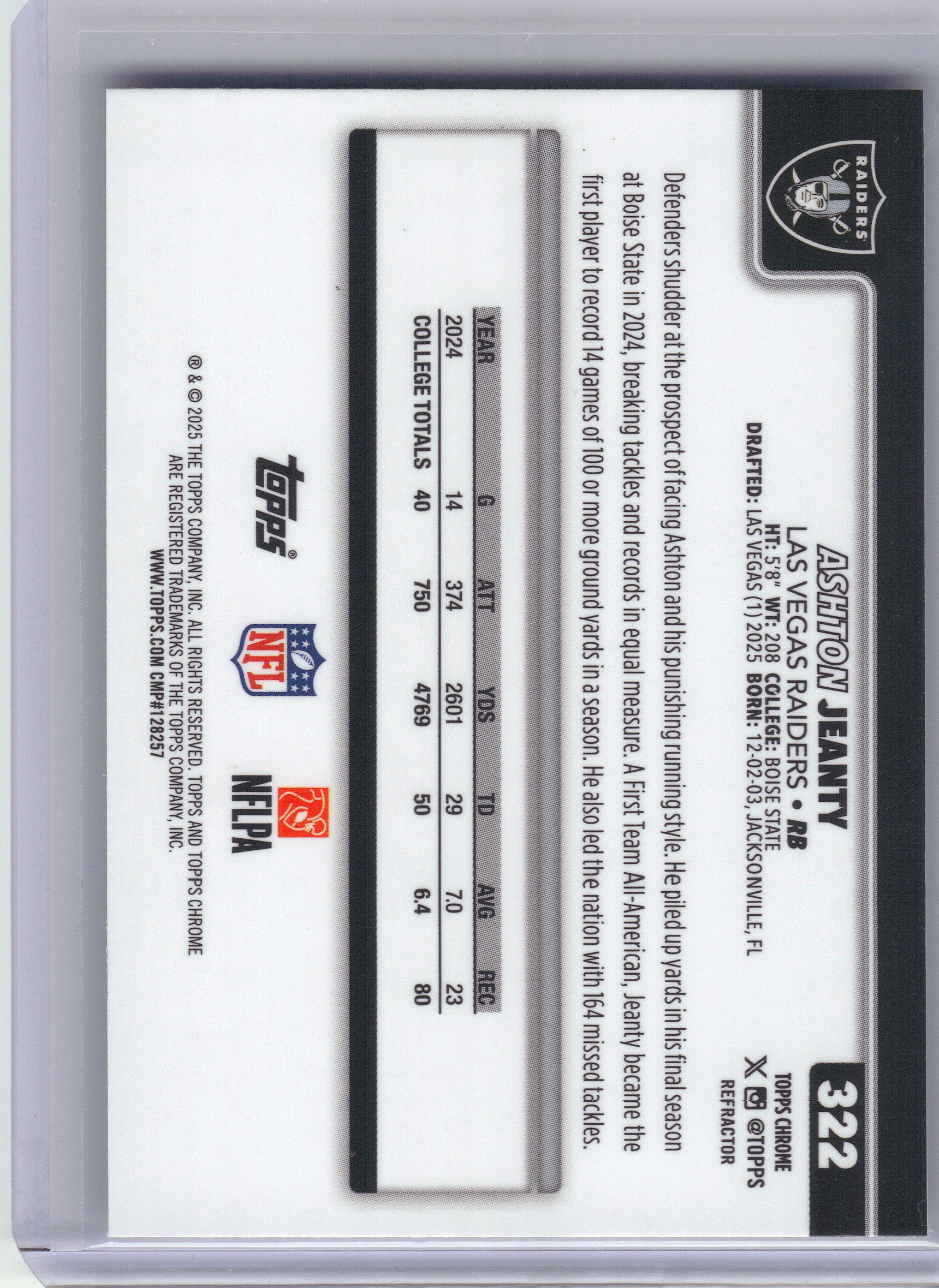 2025 Topps Chrome #322 Ashton Jeanty Refractor Las Vegas Raiders Rookie