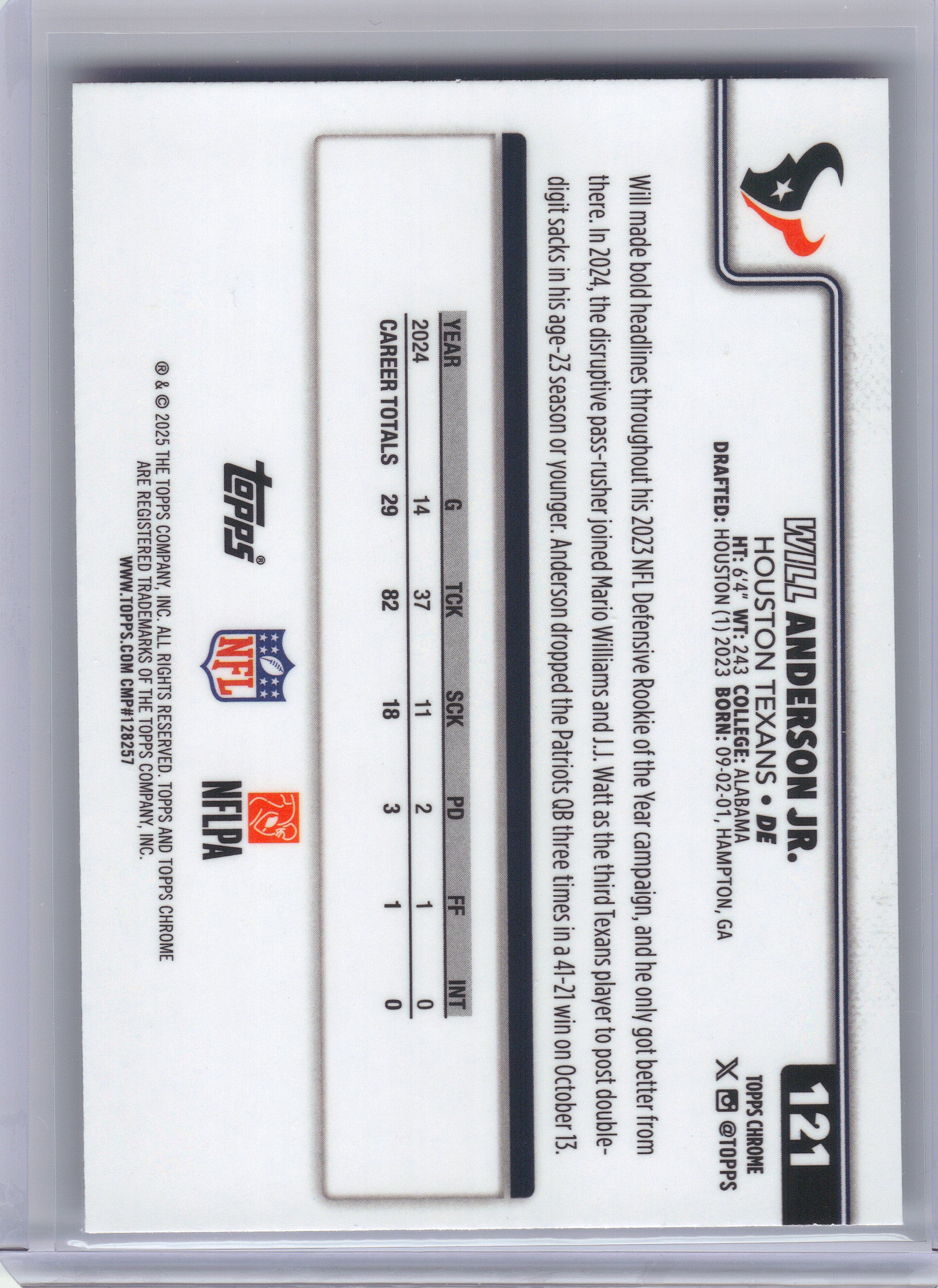 2025 Topps Chrome #121 Will Anderson Jr. Ray Wave Refractor Houston Texans