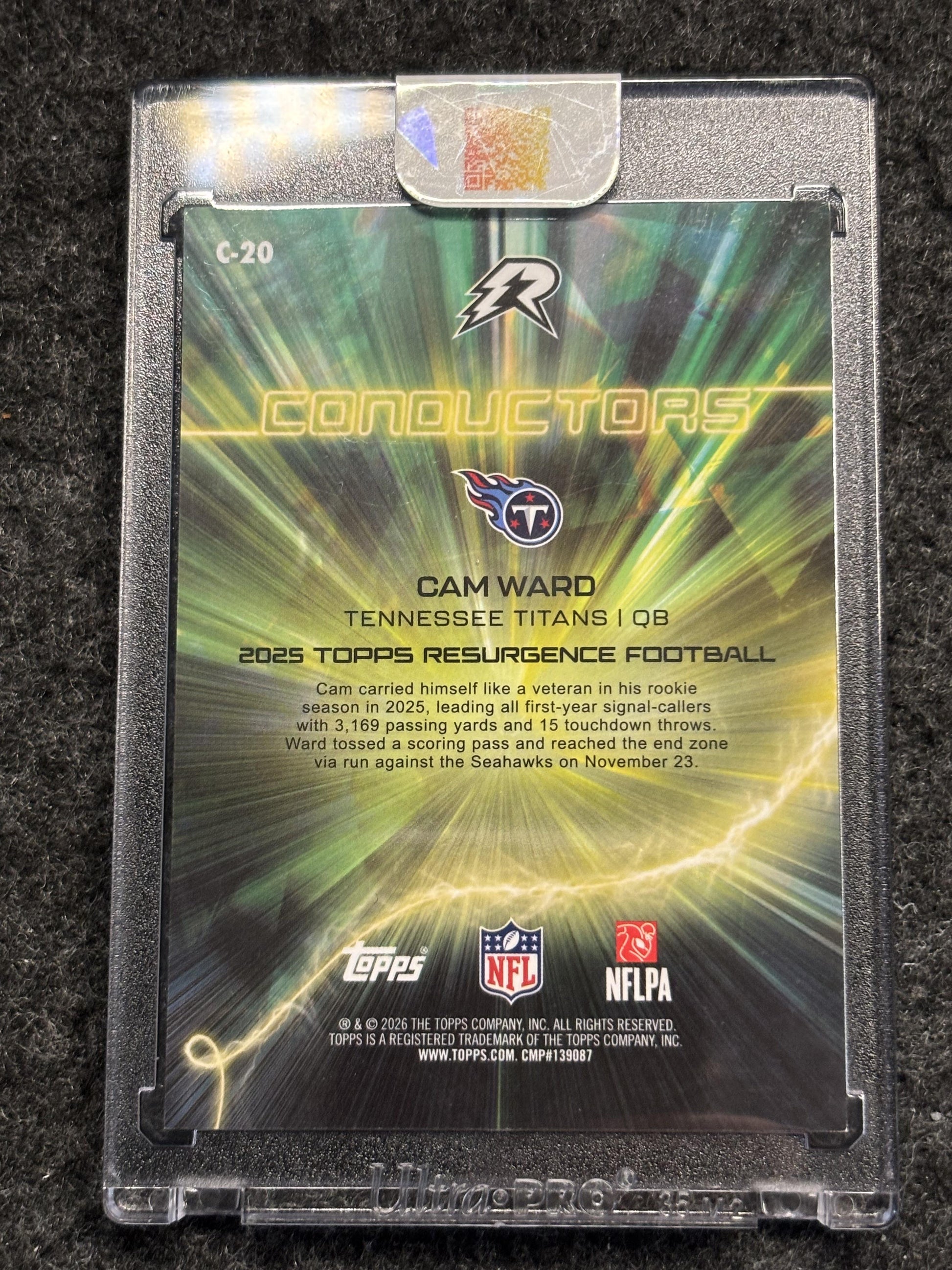 2025 Topps Resurgence #C-20 Cam Ward Conductors Pink Power Surge Refractor #/10 Tennessee Titans SN