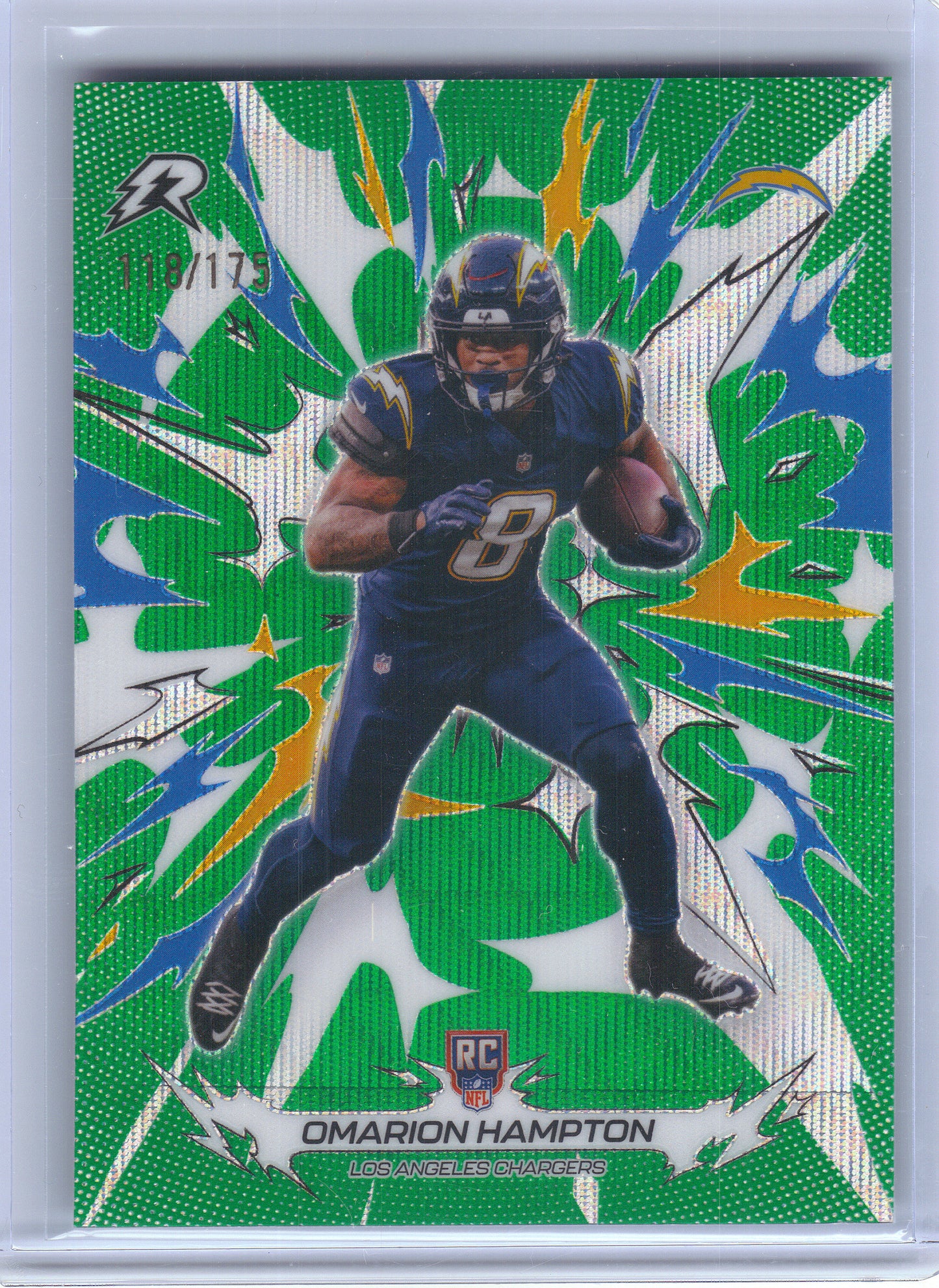 2025 Topps Resurgence #150 Omarion Hampton Green Surge Refractor #/175 Los Angeles Chargers SN