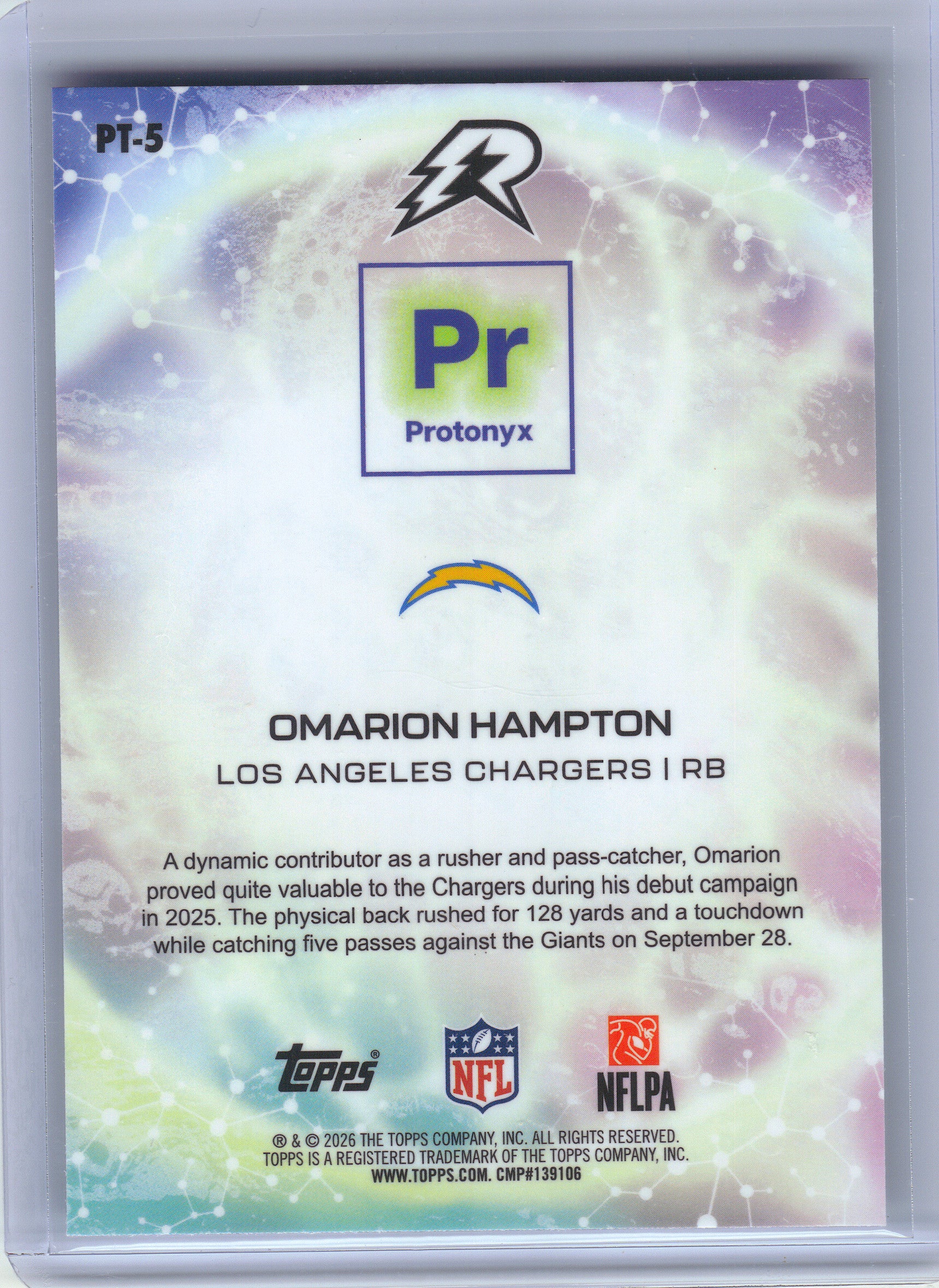 2025 Topps Resurgence #PT-5 Omarion Hampton Protonyx Los Angeles Chargers