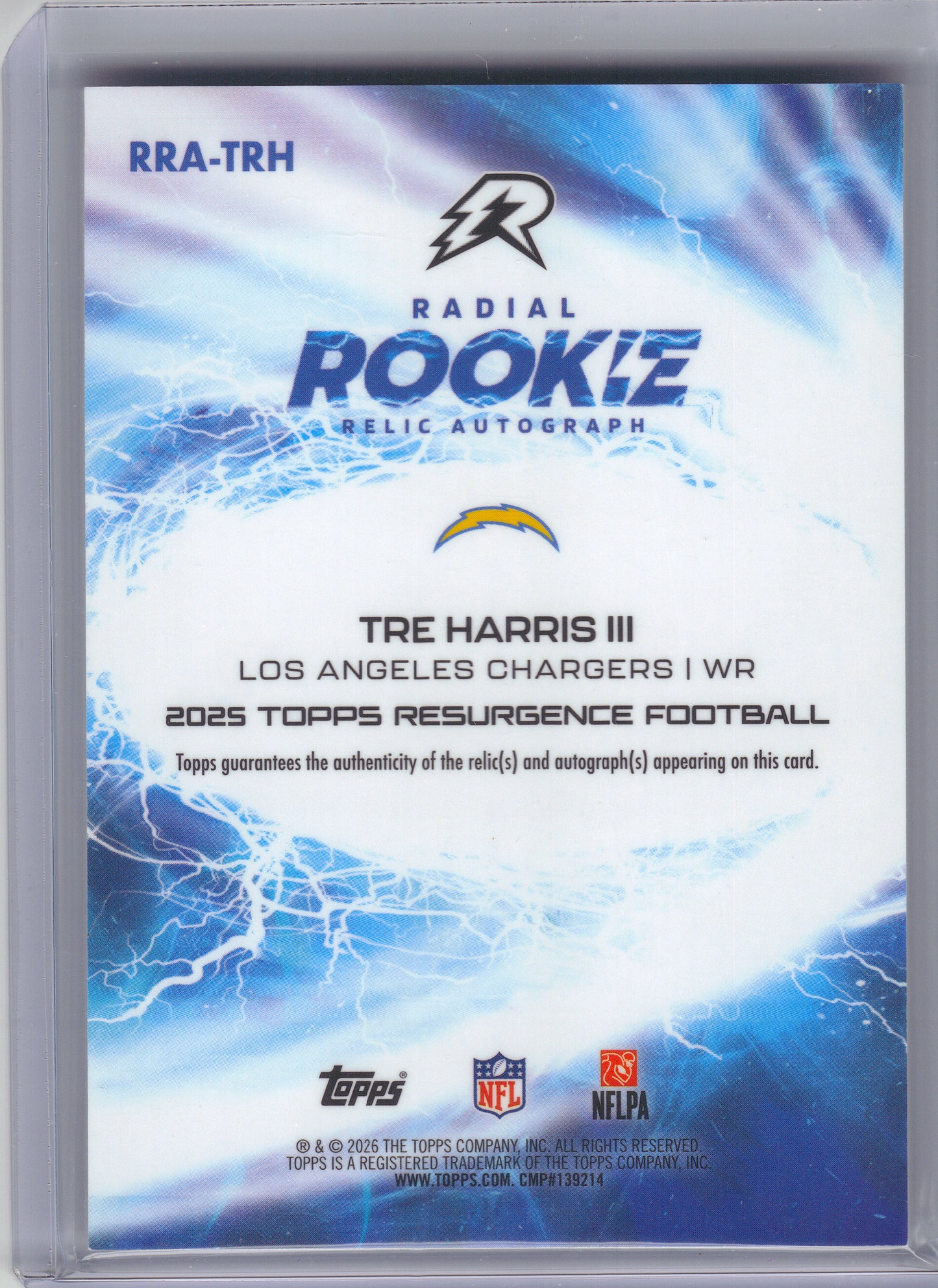 2025 Topps Resurgence #RRA-TRH Tre Harris III Radial Rookie Relic Autographs White Surge Refractor #/125 Los Angeles Chargers SN, MEM, AU