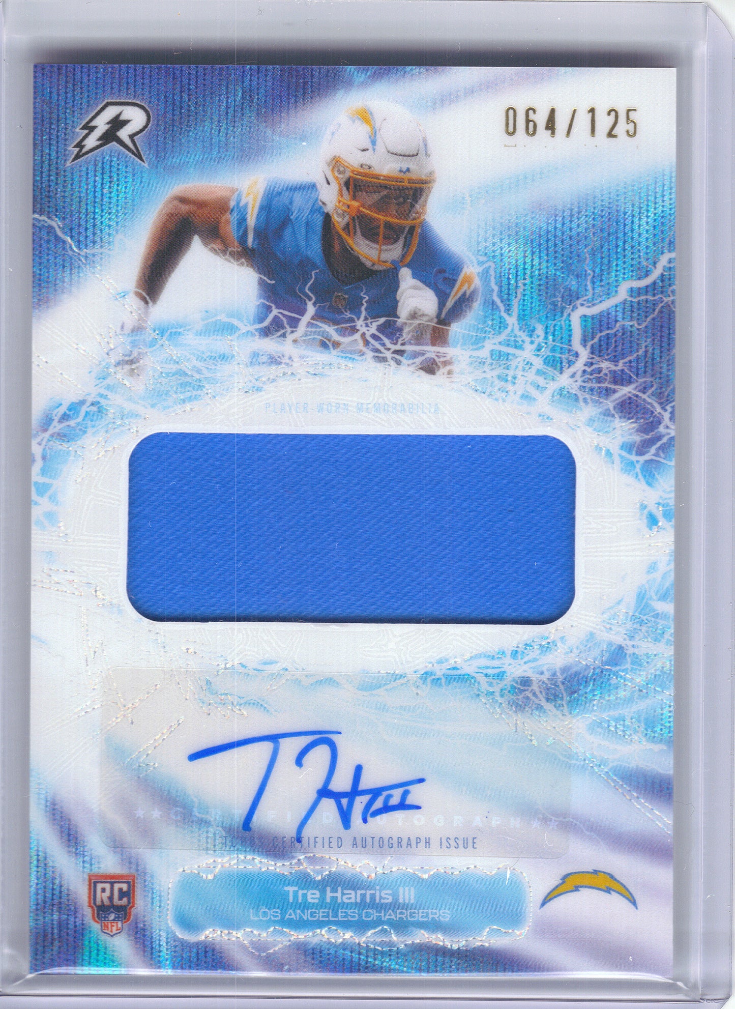2025 Topps Resurgence #RRA-TRH Tre Harris III Radial Rookie Relic Autographs White Surge Refractor #/125 Los Angeles Chargers SN, MEM, AU