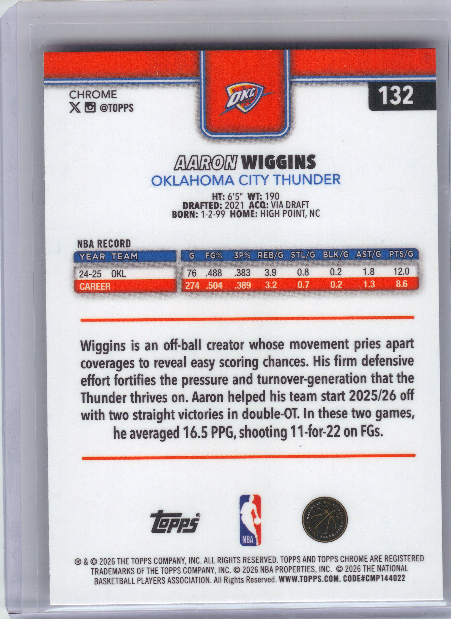 2025-26 Topps Chrome Update #132 Aaron Wiggins Prism Refractor Oklahoma City Thunder