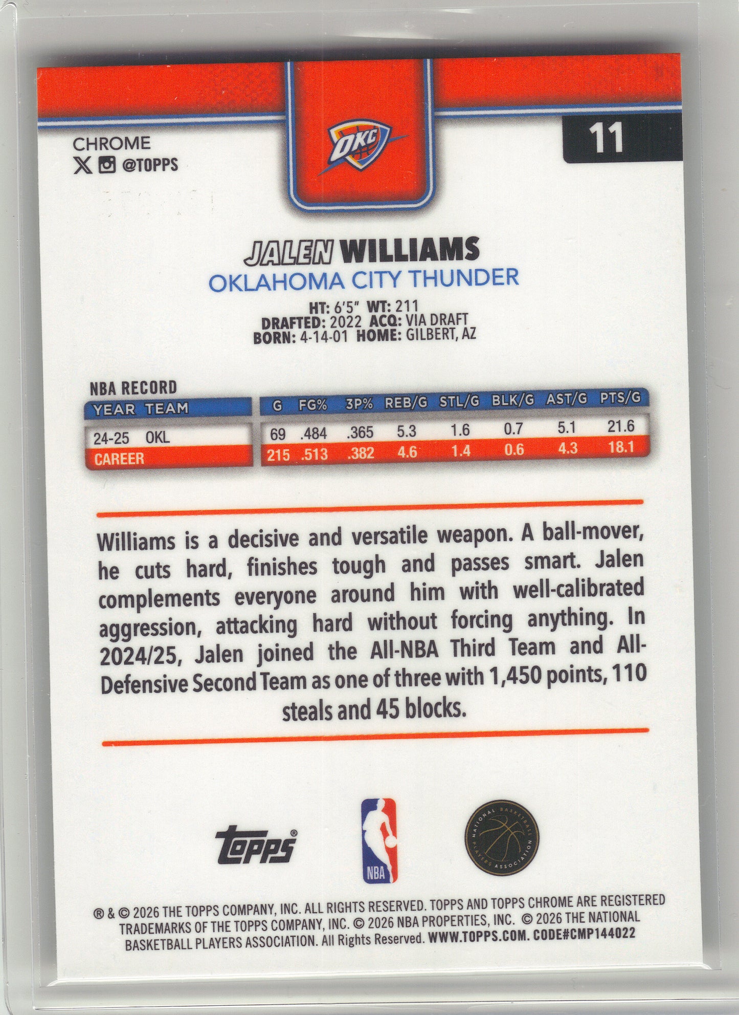 2025-26 Topps Chrome Update #11 Jalen Williams Yellow Refractor #/275 Oklahoma City Thunder SN