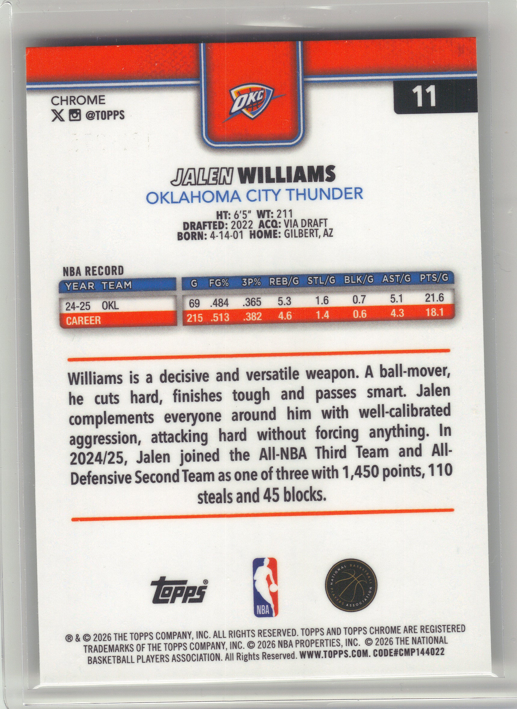 2025-26 Topps Chrome Update #11 Jalen Williams Yellow Refractor #/275 Oklahoma City Thunder SN