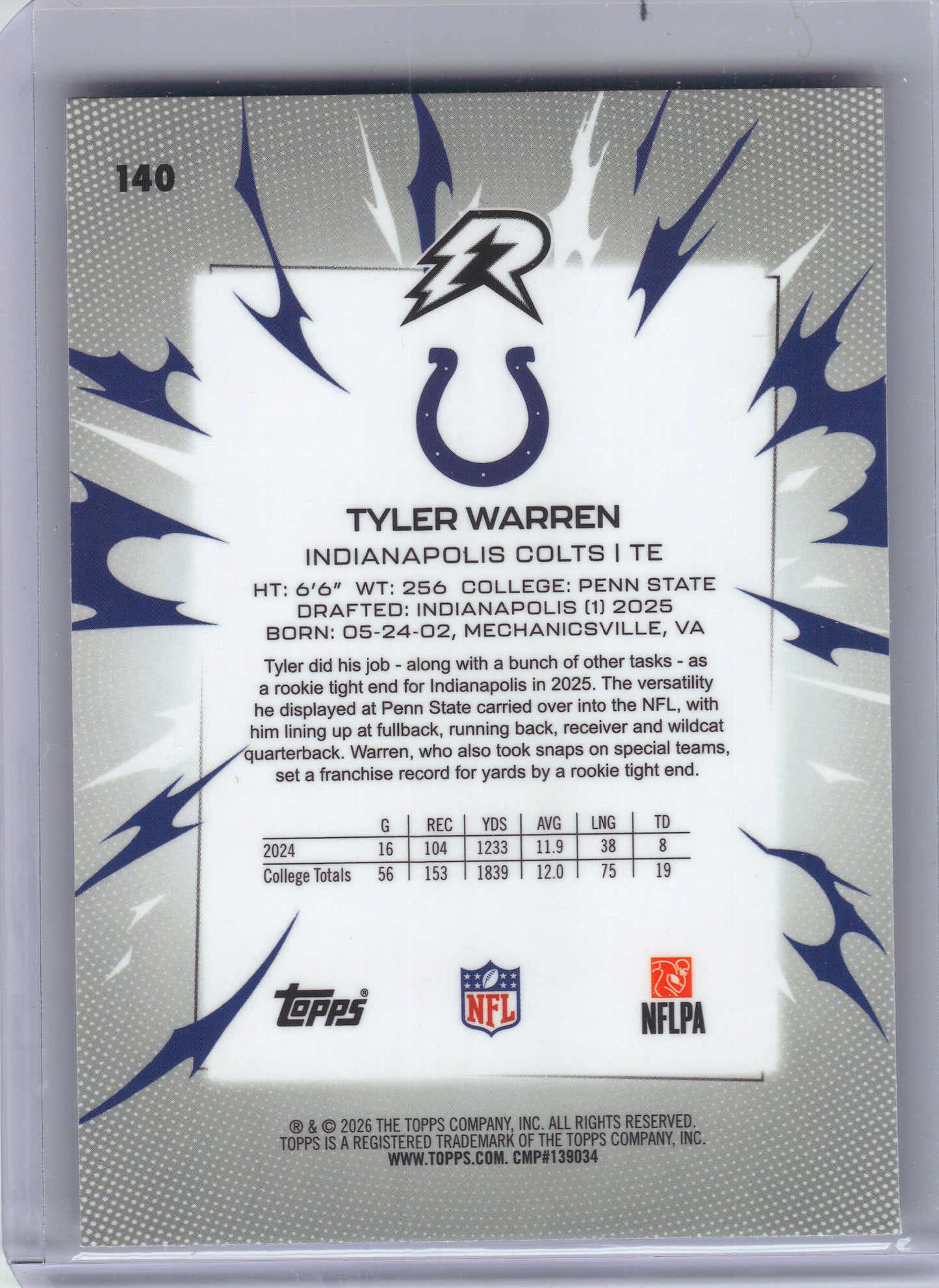 2025 Topps Resurgence #140 Tyler Warren Blue & Orange Spark Refractor Indianapolis Colts
