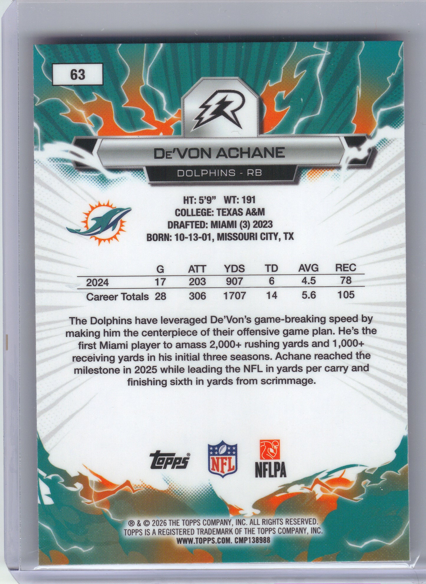 2025 Topps Resurgence #63 De’Von Achane Blue & Orange Spark Refractor Miami Dolphins