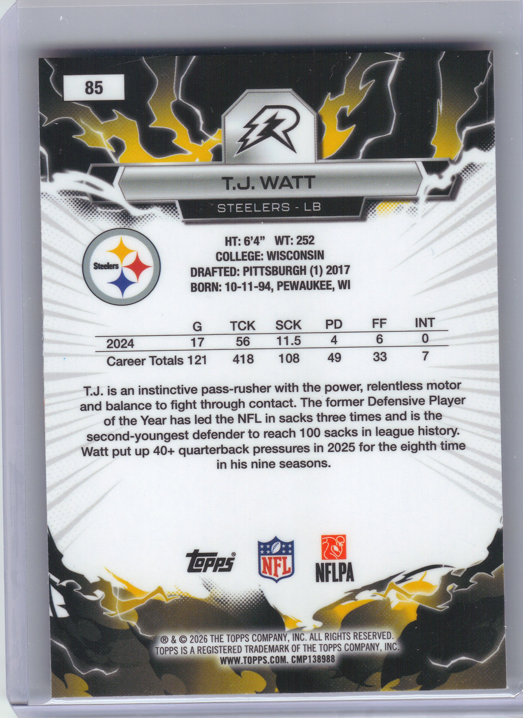 2025 Topps Resurgence #85 T.J. Watt Blue & Orange Spark Refractor Pittsburgh Steelers