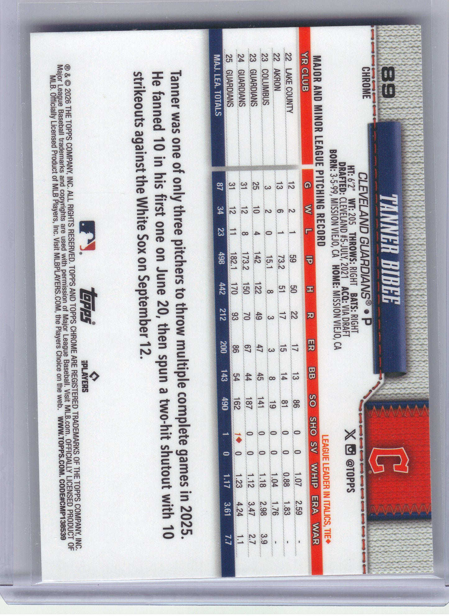 2026 Topps Chrome #89 Tanner Bibee X-Fractors Cleveland Guardians