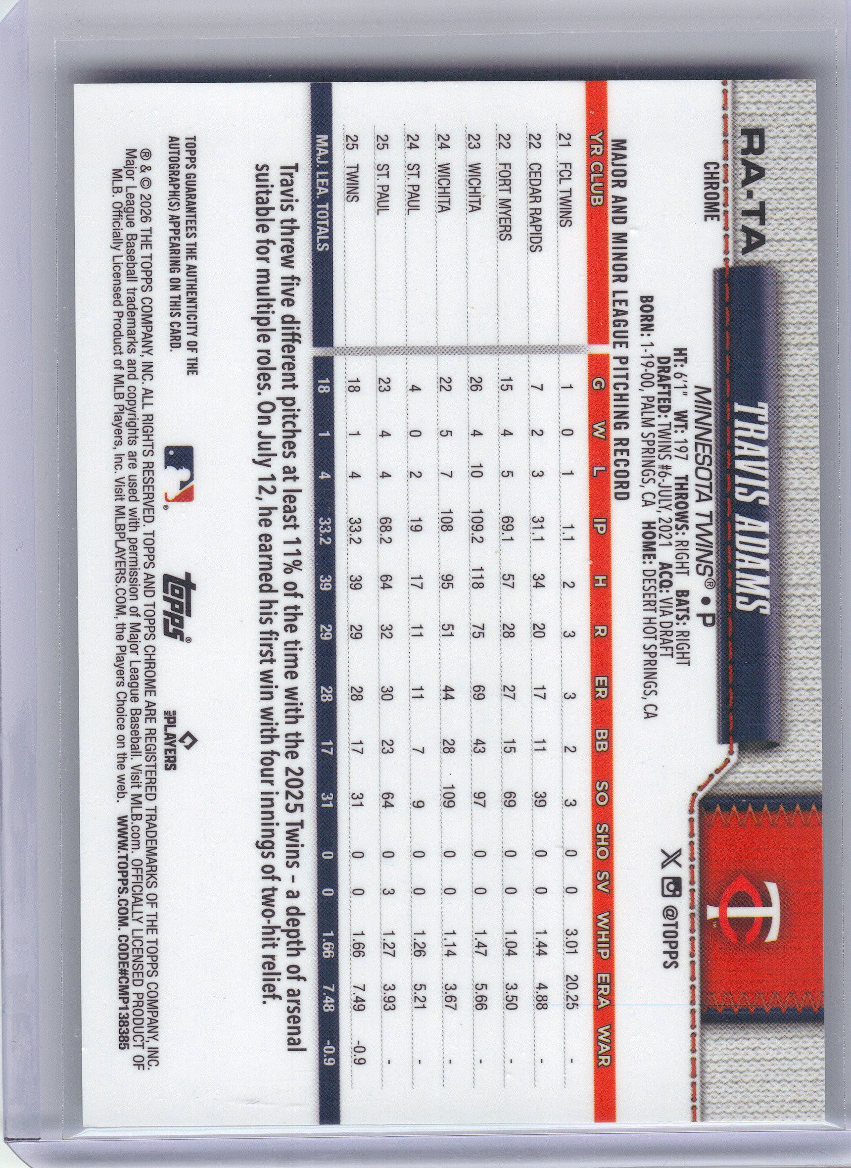2026 Topps Chrome #RA-TA Travis Adams Retail Rookie Autographs Green Raywave Refractors #/99 Minnesota Twins SN, AU