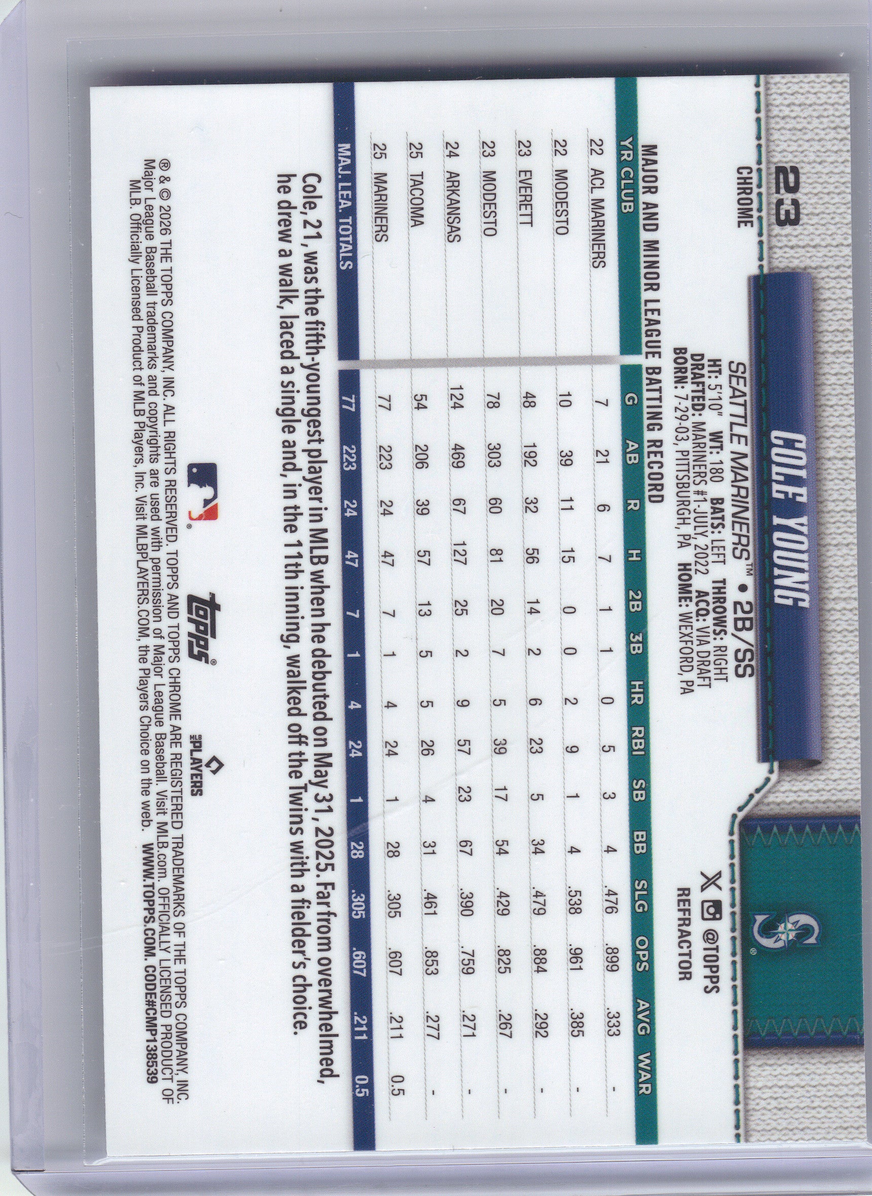 2026 Topps Chrome #23 Cole Young Refractors Seattle Mariners RC