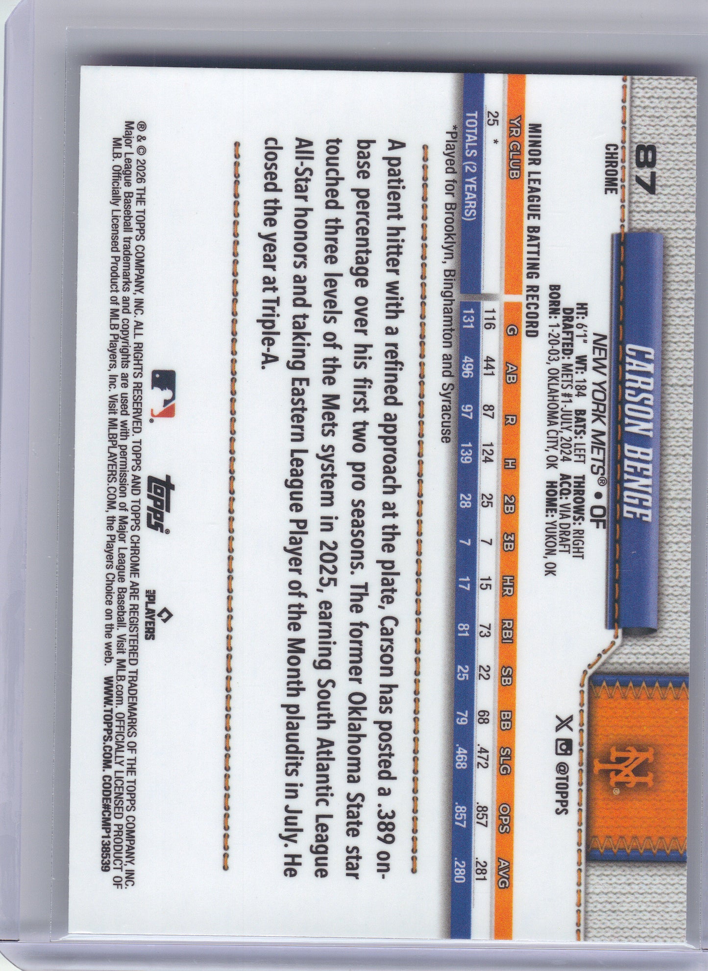 2026 Topps Chrome #87 Carson Benge X-Fractors New York Mets RC