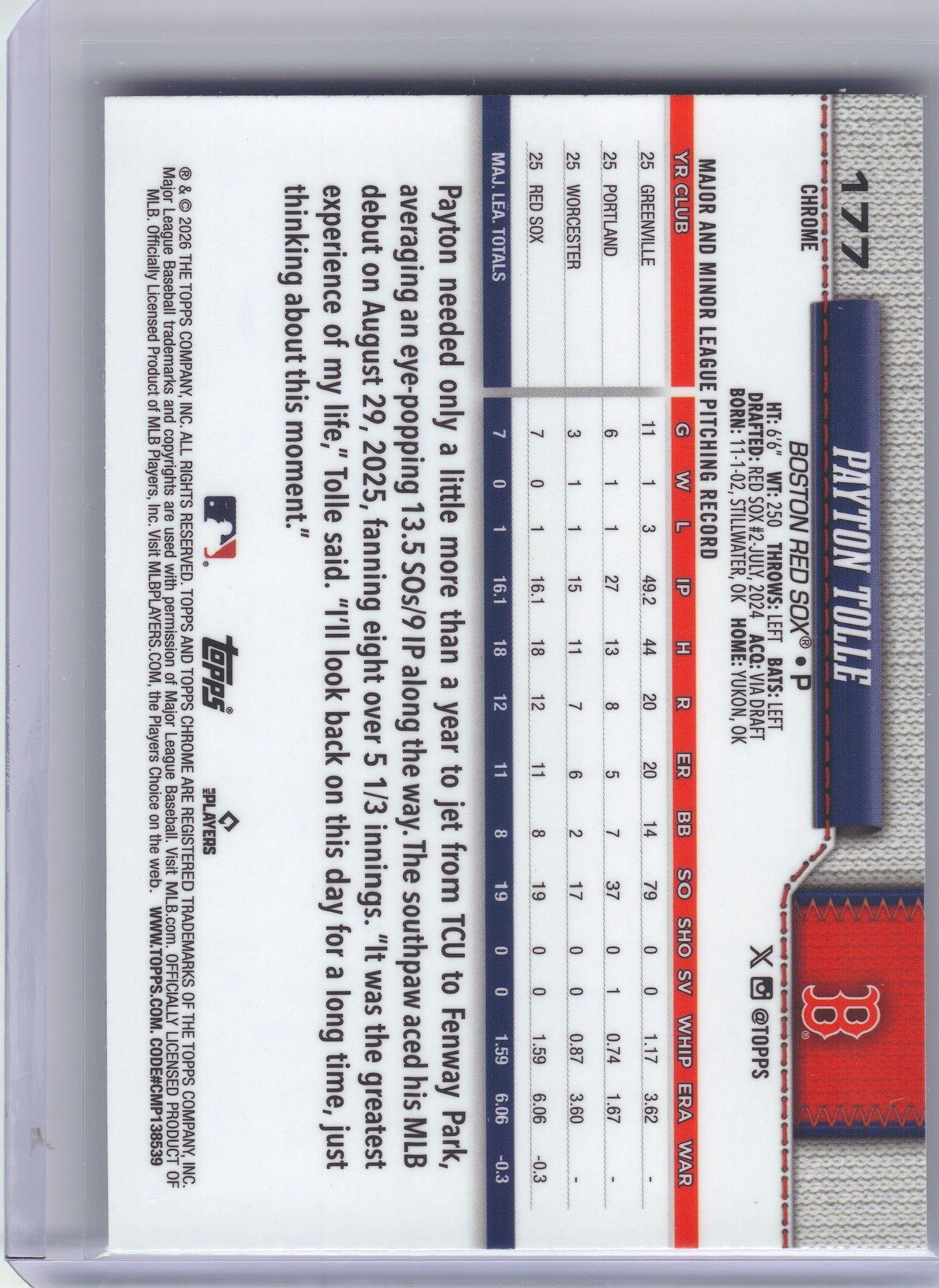 2026 Topps Chrome #177 Payton Tolle Boston Red Sox RC