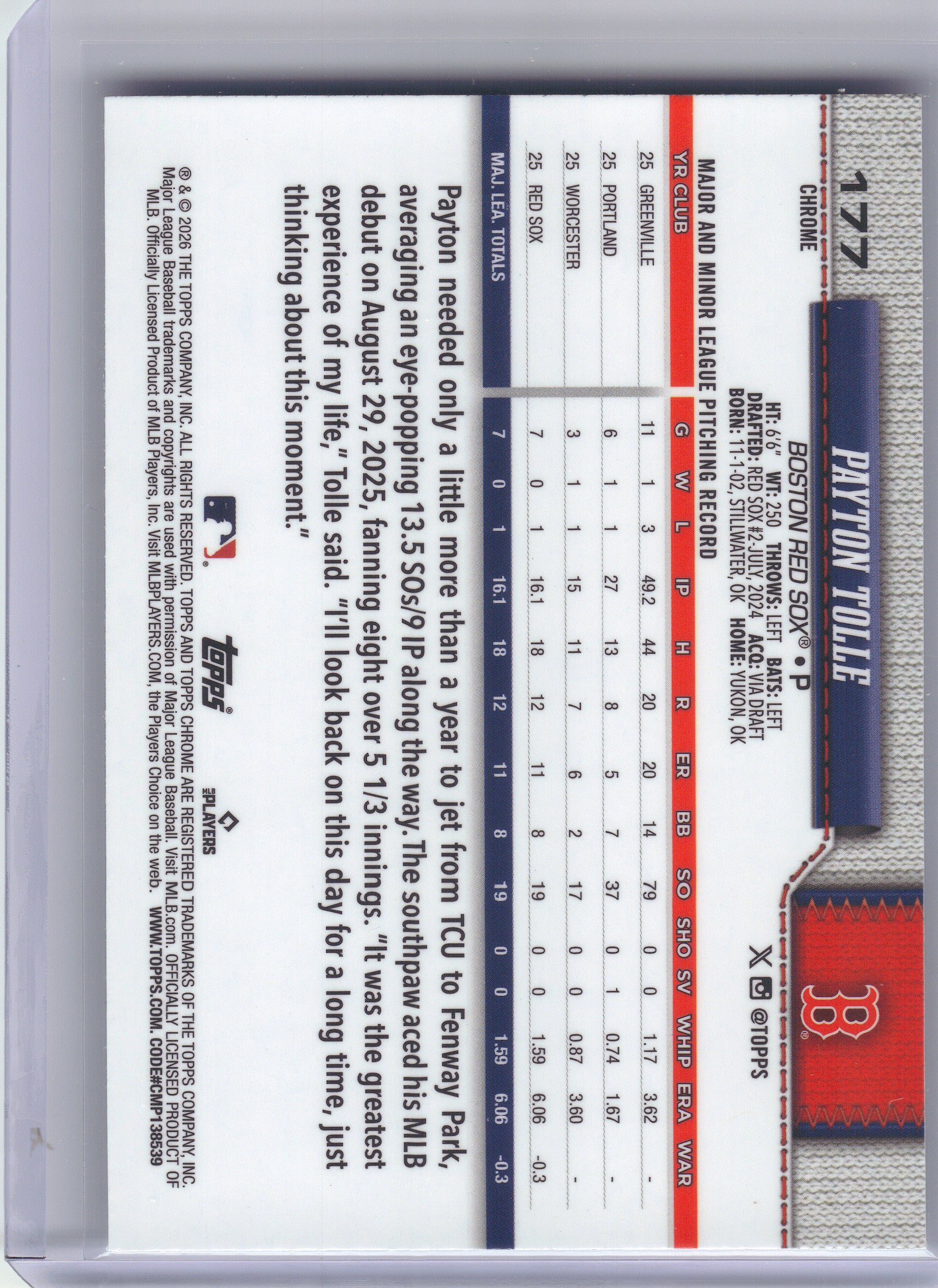 2026 Topps Chrome #177 Payton Tolle Boston Red Sox RC
