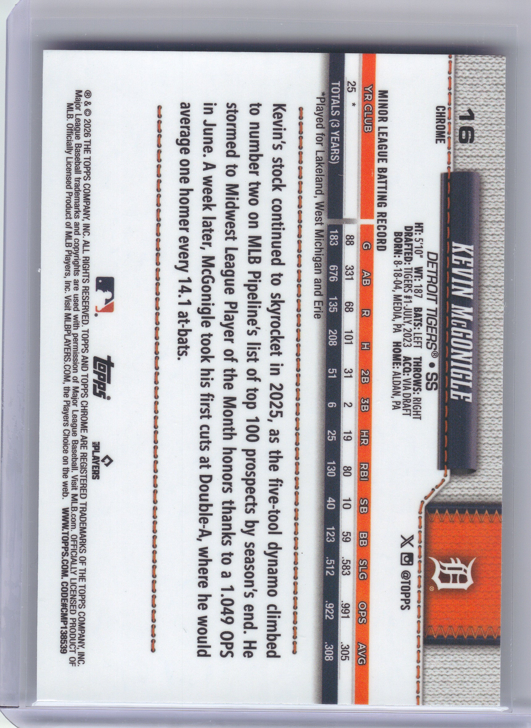 2026 Topps Chrome #16 Kevin McGonigle X-Fractors Detroit Tigers RC