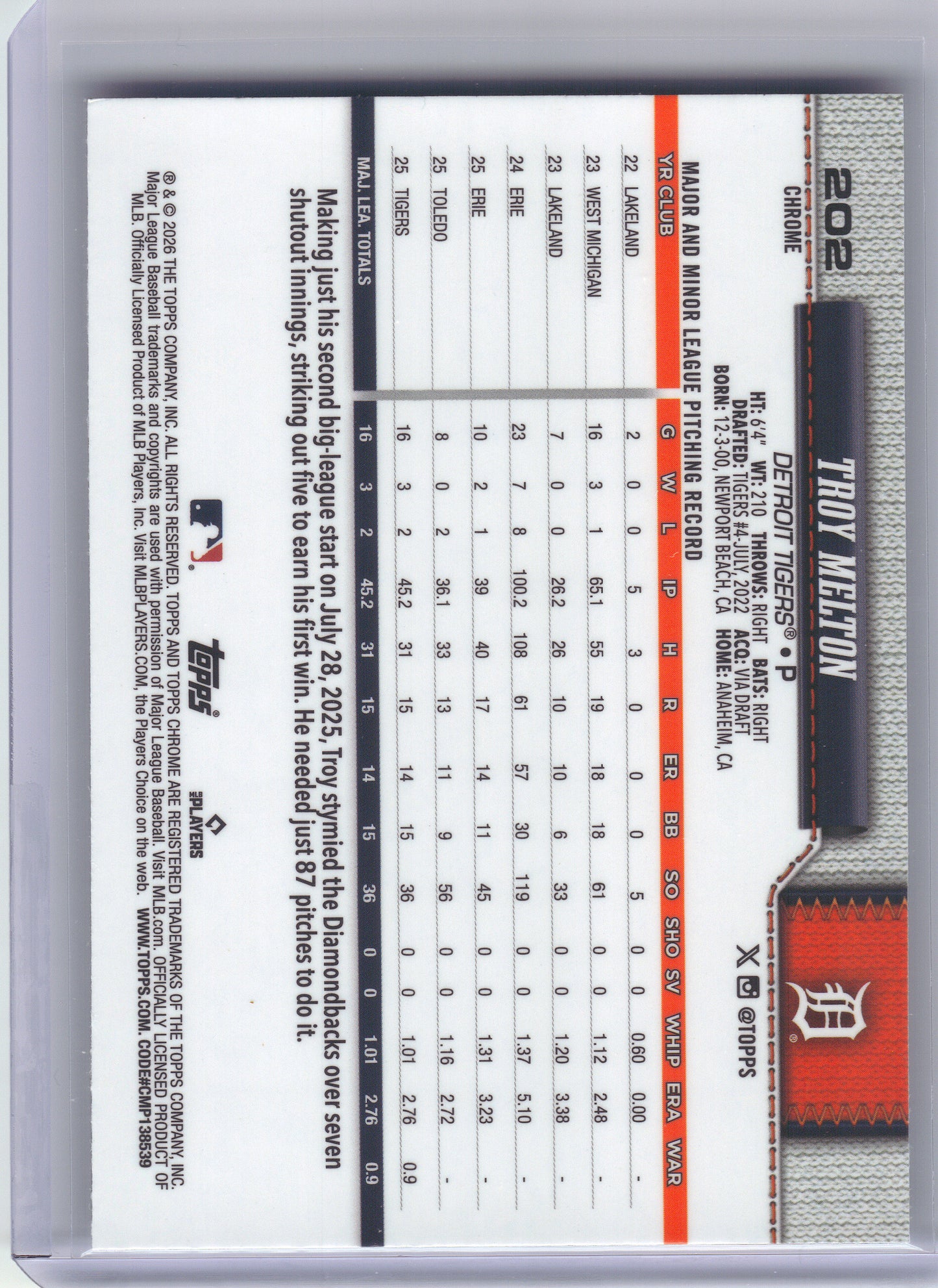 2026 Topps Chrome #202 Troy Melton Detroit Tigers RC