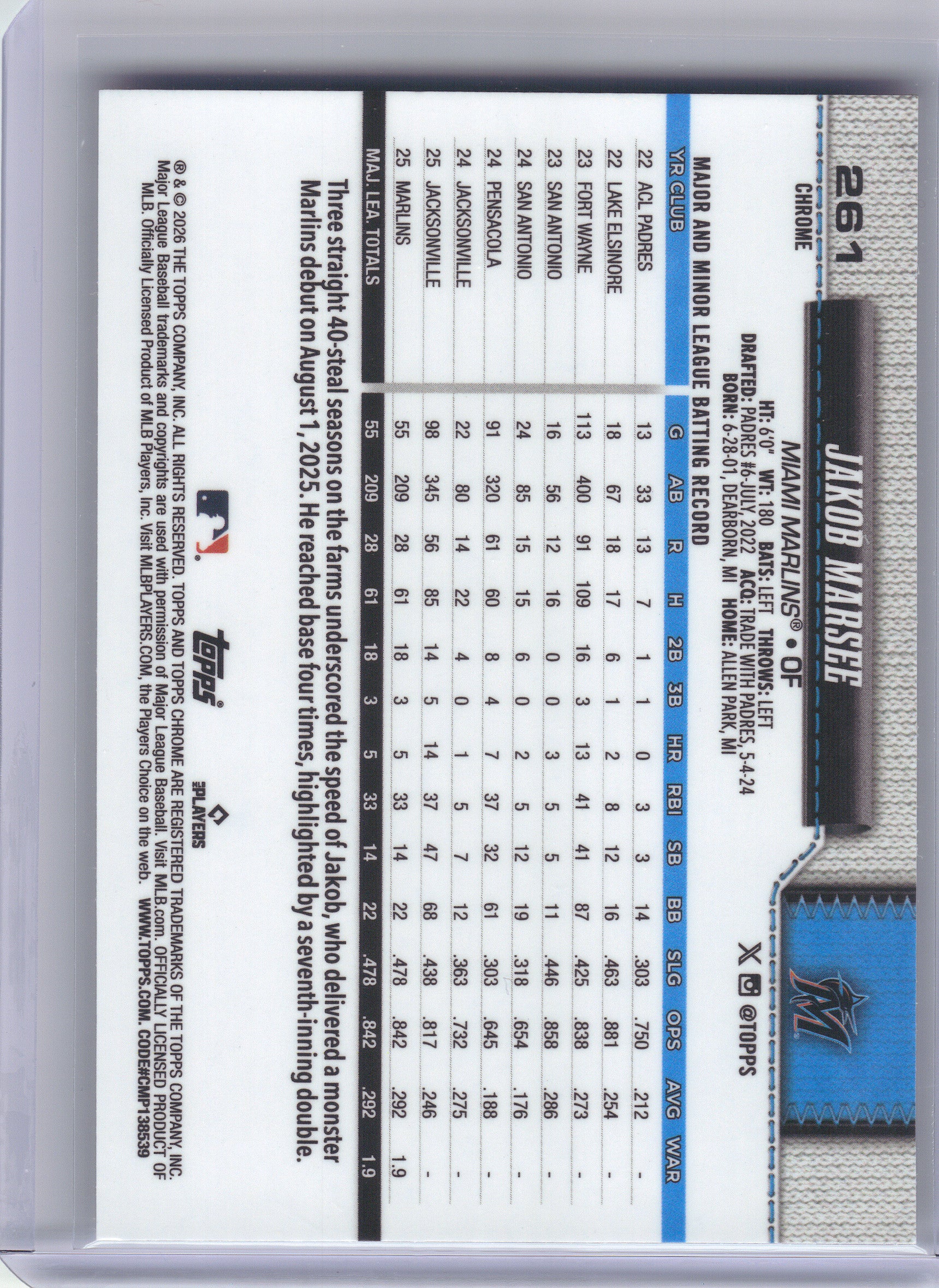 2026 Topps Chrome #261 Jakob Marsee X-Fractors Miami Marlins RC