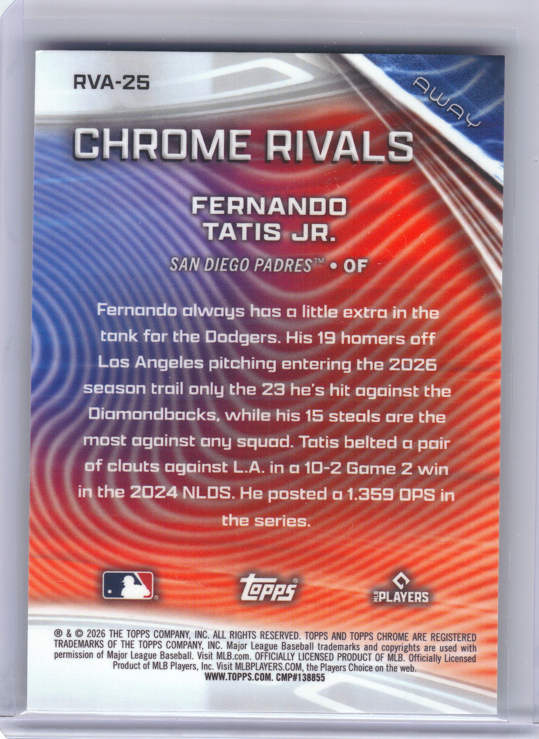 2026 Topps Chrome #RVA-25 Fernando Tatis Jr. Chrome Rivals Away San Diego Padres
